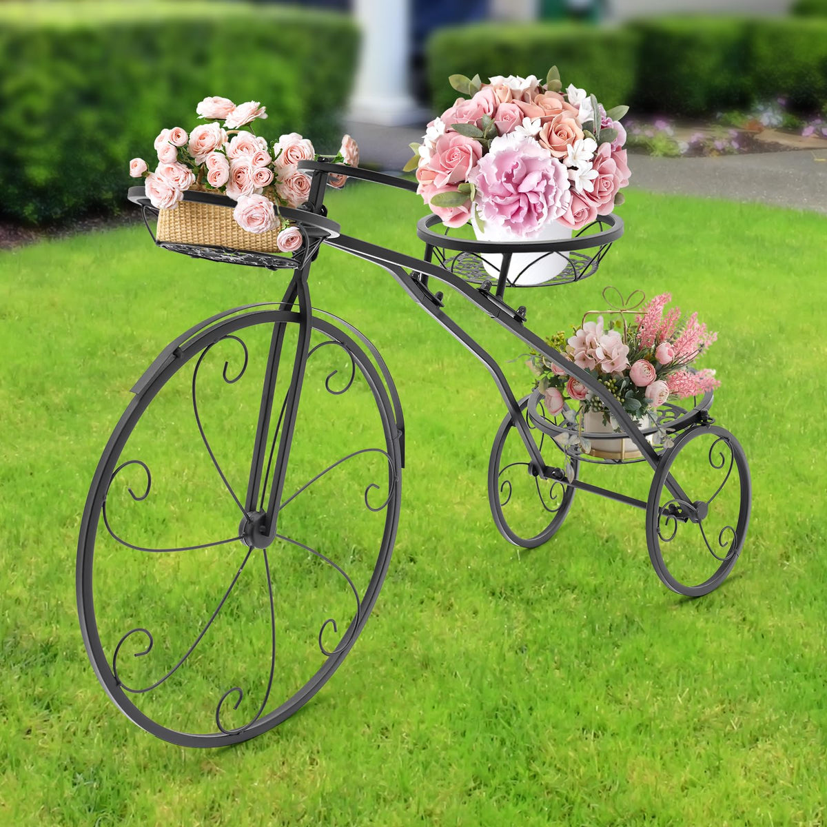 GAMIGIME Tricycle Plant Stand, Metal Bicycle Planter, Flower Pot Cart Holder with 3 Decorative Wheels, Modern Style Flower Pot Cart Holder for Home Decor Patio Garden Flower Shop (Black)