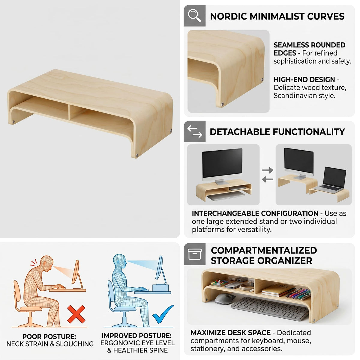 APRTAT Wood Monitor Stand Riser, Solid Woodon Dual Monitor Riser with Storage, 2-Tier Natural Monitor Riser with Storage, Computer Stand Keyboard Organizer