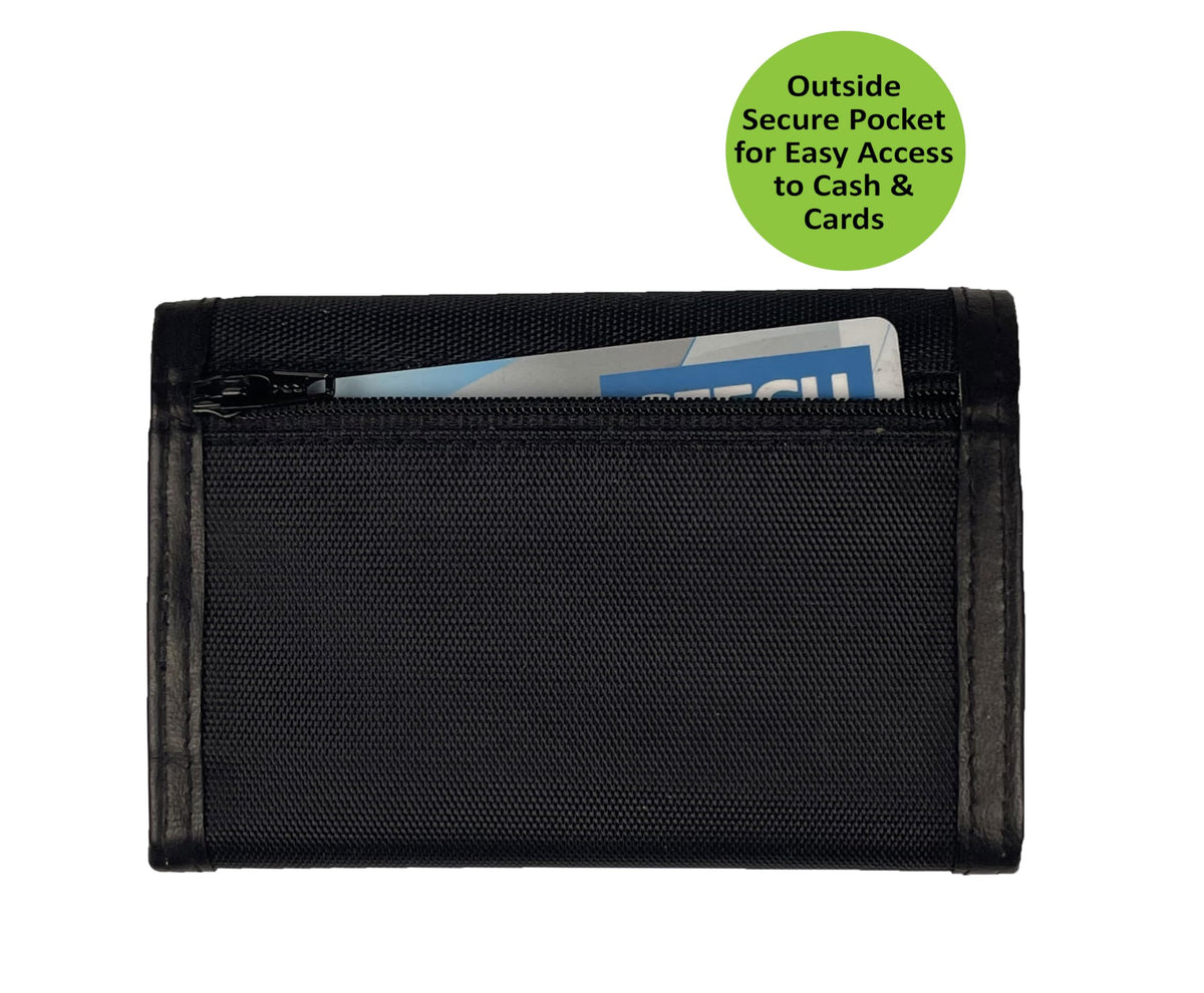 Sprocket Men's Nylon Trifold Wallet with Leather Trim and ID Window (Black)