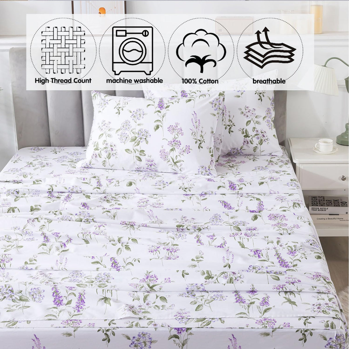 FADFAY Twin Sheet Set 100% Cotton Teal Green Leaf Pattern Printed Bed Sheets, Botanical Sheets Leaves Pattern Modern Minimalist Bedding, Soft Crisp & Breathable Luxury Deep Pocket Fitted Sheet, 4Pc