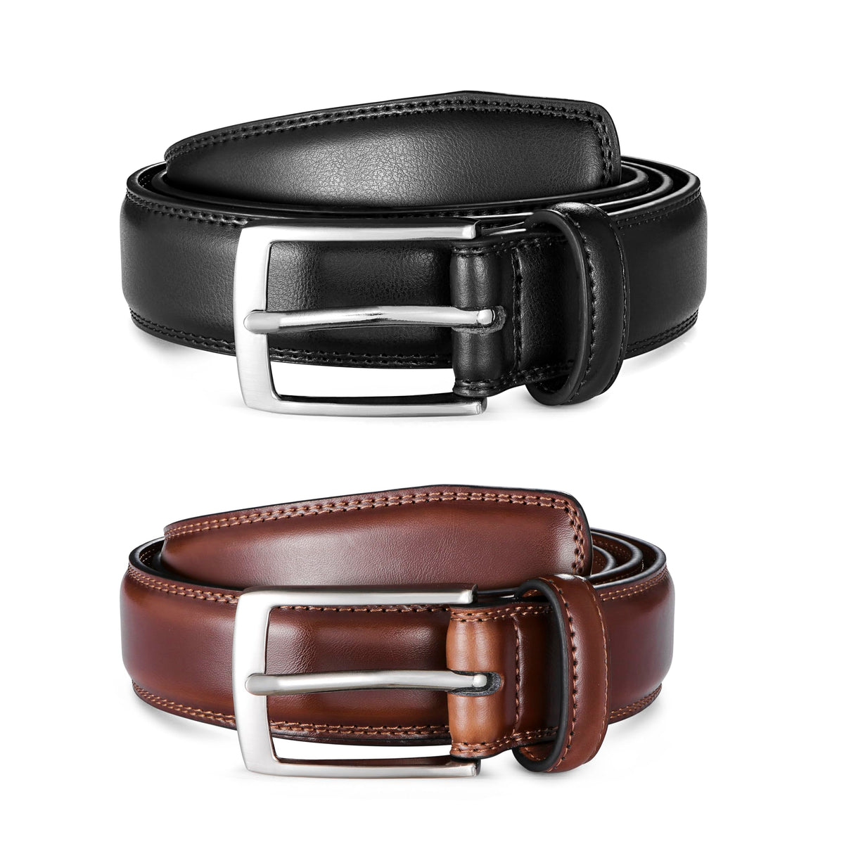 MILORDE Men's Leather Dress Belt 2Pack, Handmade, 100% Cow Leather, Fashion & Classic Designs for Work Business and Casual (2pack-Black101/Brown103,30)
