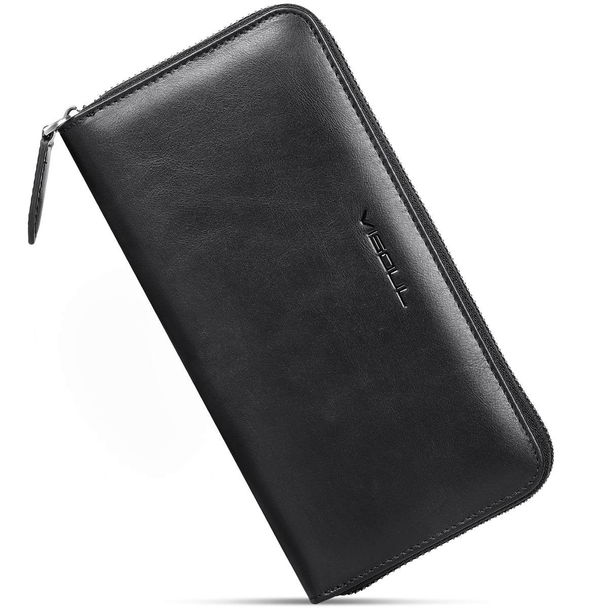 VISOUL Leather Long Zipper Pouch Wallet for Men and Women with RFID Blocking, Large Clutch Cash Long Wallet with Zipper (Black)
