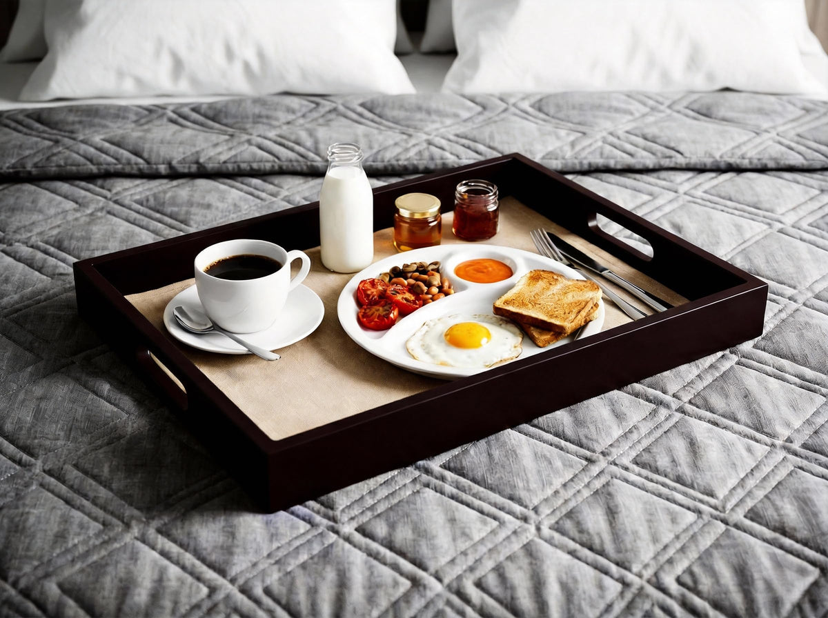Dark Brown Bamboo Serving Tray Set of 2 with Handles, Nesting Wooden Trays for Serving Food & Drinks, Rectangular Coffee Table Ottoman Tray for Living Room Decor, Large 16.9” & Small 15.6”