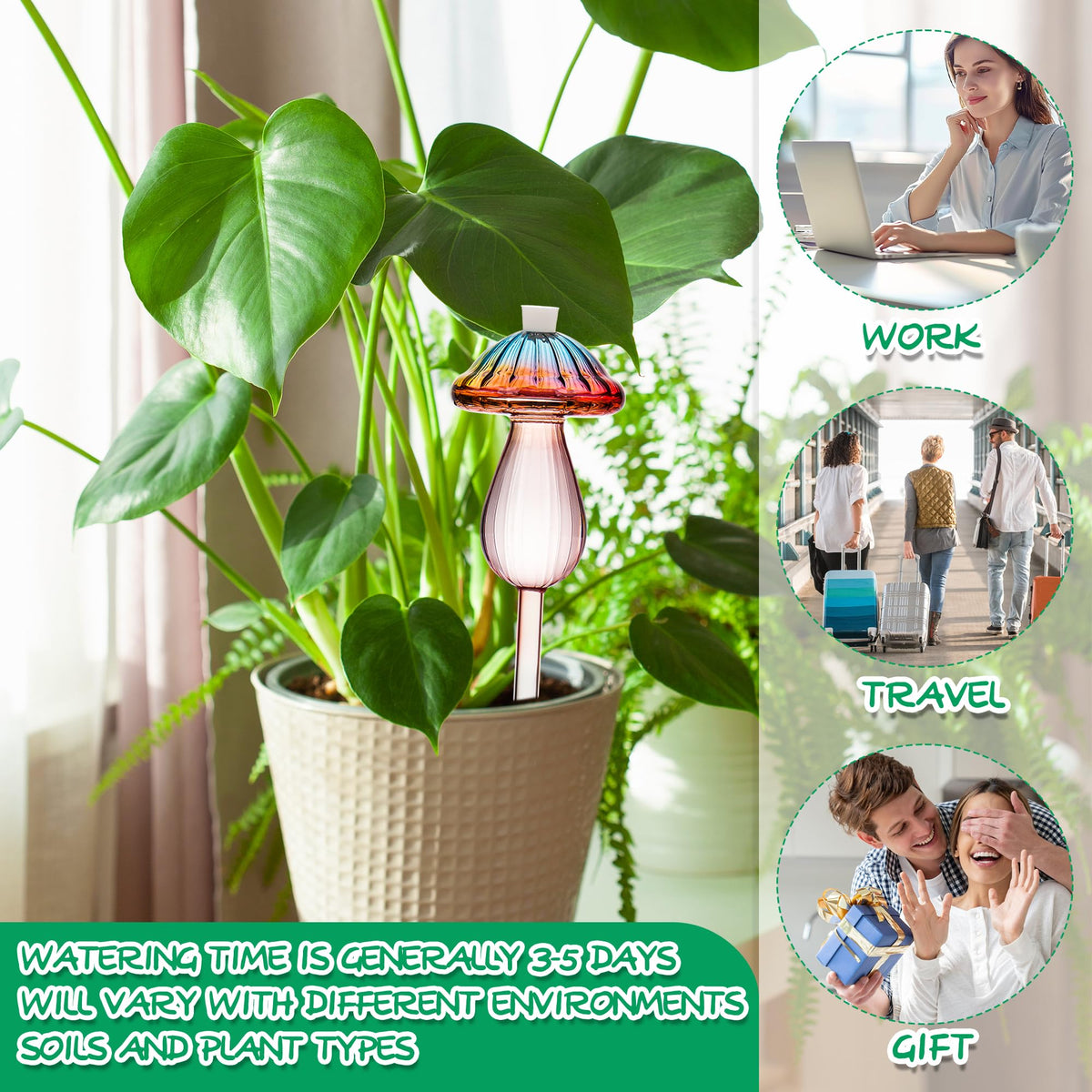 Plant Watering Globes Mushroom, Rainbow Gradient Color Plant Watering Devices, Self Watering Planter Insert, Self Watering Globes - Watering Bulbs for Indoor Plants for Travel Vacation (4 PCS)