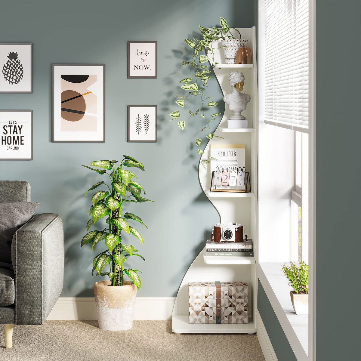 Tribesigns Corner Shelf, Modern 5-Tier Wall Corner Bookshelf, Stylish Corner Small Bookcase Storage Rack Plant Stand with Unique Shape for Living Room, Home Office (White, 1PC)