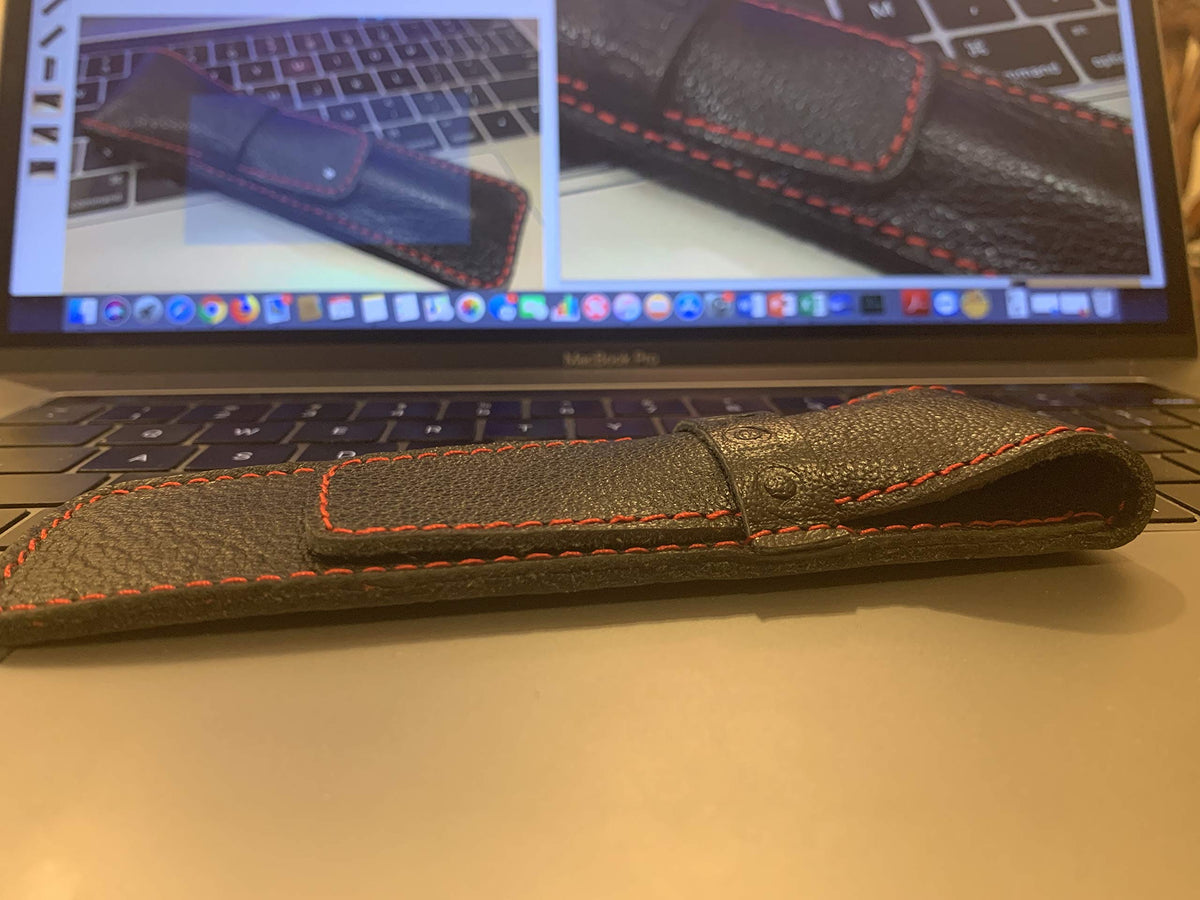 DiLoro Full Grain Leather Single Pen Case Holder Pouch Pencil Organizer (Buffalo Black w Red)