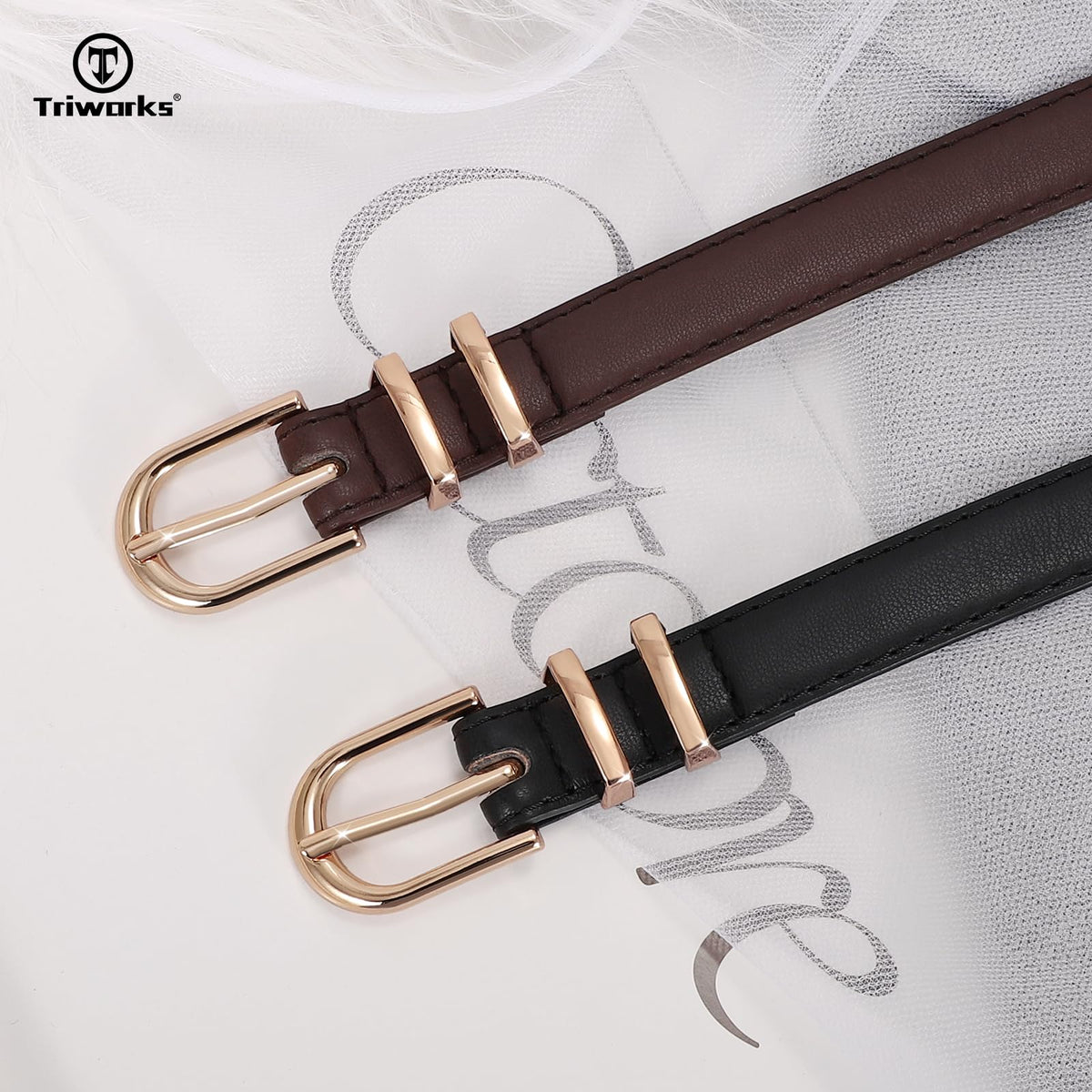 TRIWORKS 2 Pack Women Skinny Leather Belts for Jeans Pants Thin Faux Leather Belt with Gold Buckle