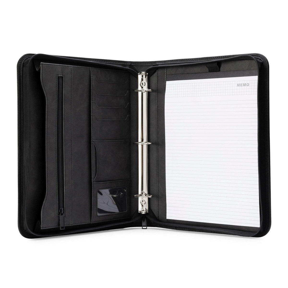 Forevermore Portfolios Portfolio Organizer - 3 Ring Binder with Notepad - 1.5 Inch Rings - Zippered Storage Pockets for Papers, Travel Documents, Presentation Folder, Cards, Passport, Tickets - Black