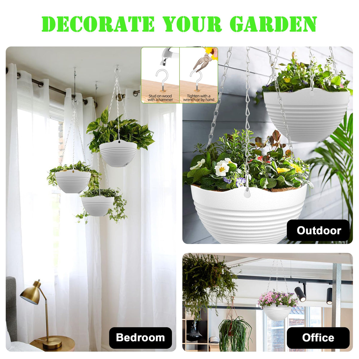 REPICLIFE Hanging Planters, Set of 9 White Hanging Pots, 8" Hanging Flower Pots, Plant Pots with Drainage Plugs, Water Barrier and Chains, Come with Free Mini Garden Tools Set