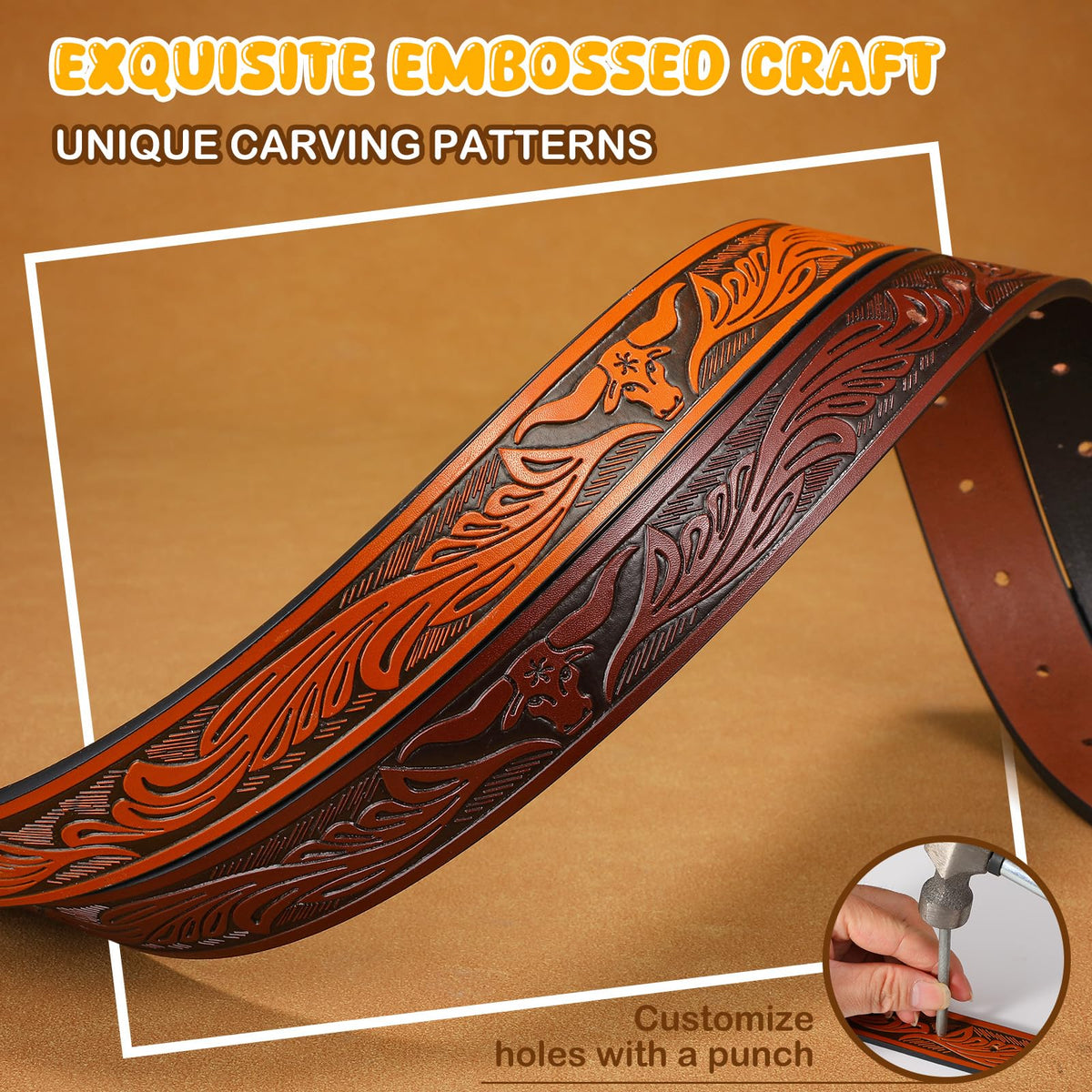 SANSTHS Kids Western Belt without Buckle Genuine Leather Boys Girls Belt Strap Cowgirl Cowboy Belts for Jeans Western Gifts, Embossed Bull/Brown Coffee