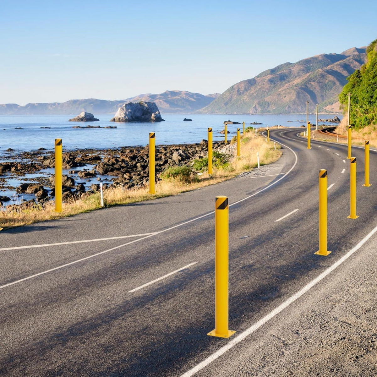 Safety Bollard 6 Packs, EliteEdge 48 Inch Height Bollard Post, 4.5 Inch Diameter Steel Pipe Safety Bollard Post, 8 Anchor Bolts, for Traffic Control, Driveway Barrier, Parking Pole