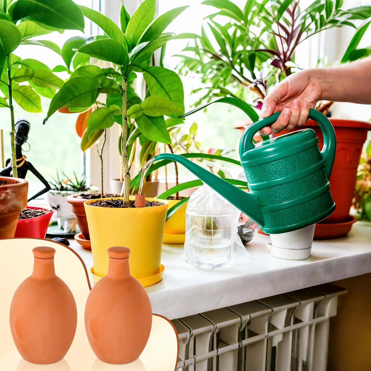Ferrochef 2 Pcs Large Terracotta Watering Pots 50 oz Ollas Self-Watering Pots Terracotta Watering Globes with Lid Plant Irrigation System for Indoor Outdoor Plants Raised Beds Garden