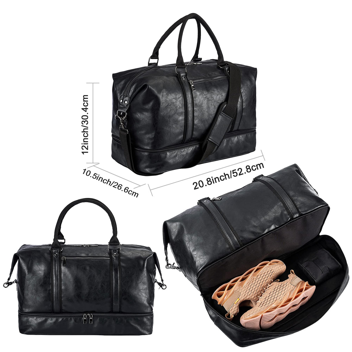 Leather Travel Bag with Shoe Pouch,Weekender Overnight Bag Waterproof PU Leather Large Carry On Bag Travel Tote Duffel Bag for Men or Women-Black