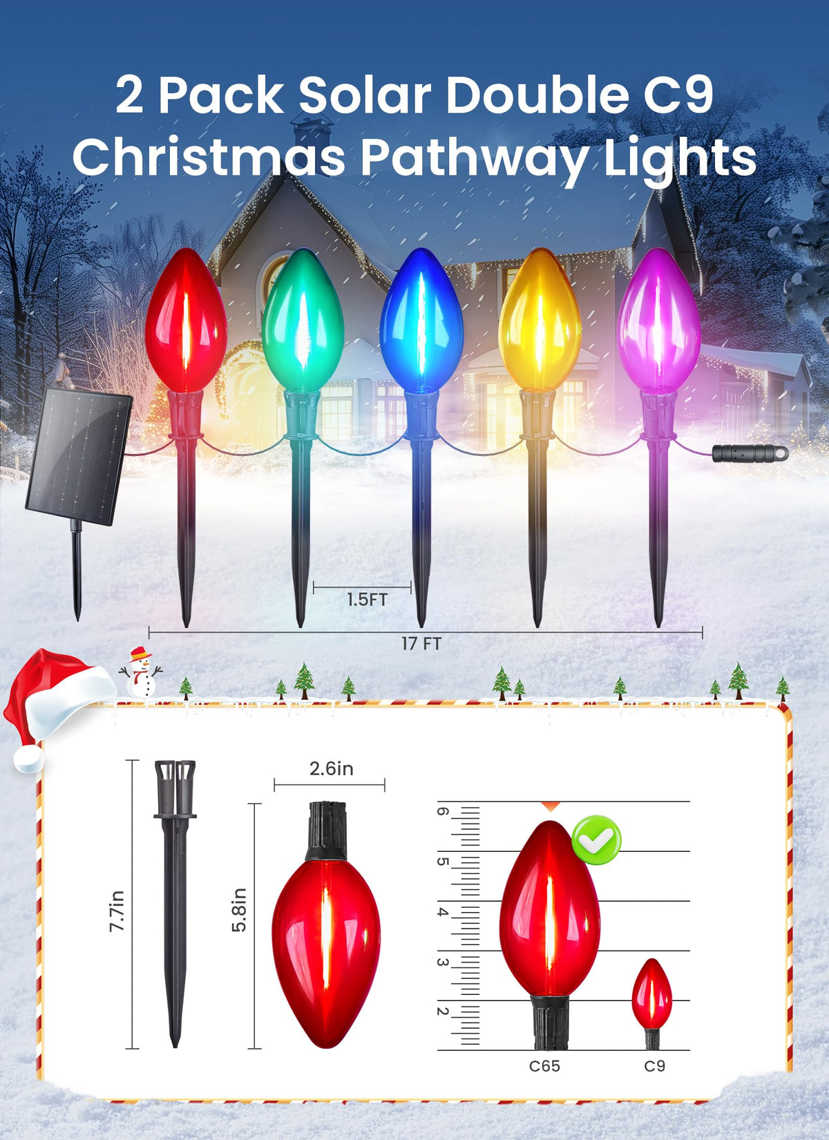 Minetom Solar C9 Christmas Pathway Lights - 20 LED, 8 Modes, Timer, 32FT, 2 Pack, Multicolor