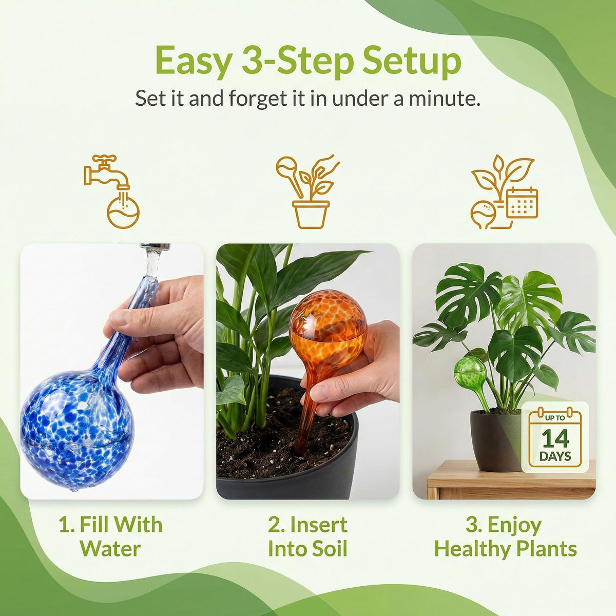 Little Green Leaf Automatic Plant Watering Globes Self Watering Planter Inserts (Set of 6) | Hands Free Multicolor Glass Bulbs | Planter Spikes to Support Indoor & Outdoor Plant Health (350ml)