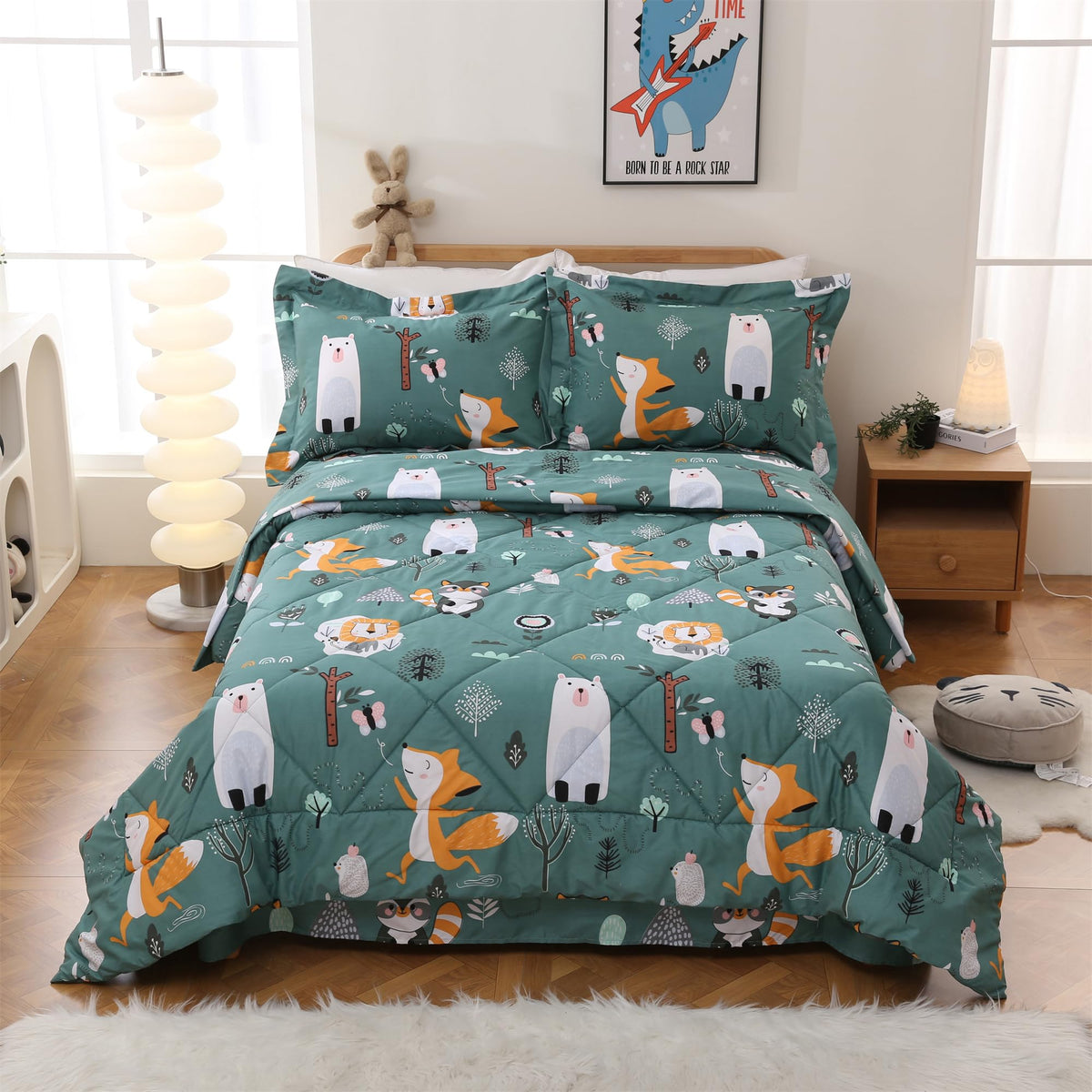 JSD Green Forest Animals Kids Comforter Set Twin Size, 2 Piece Woodland Printed Microfiber Bedding Set, Machine Washable