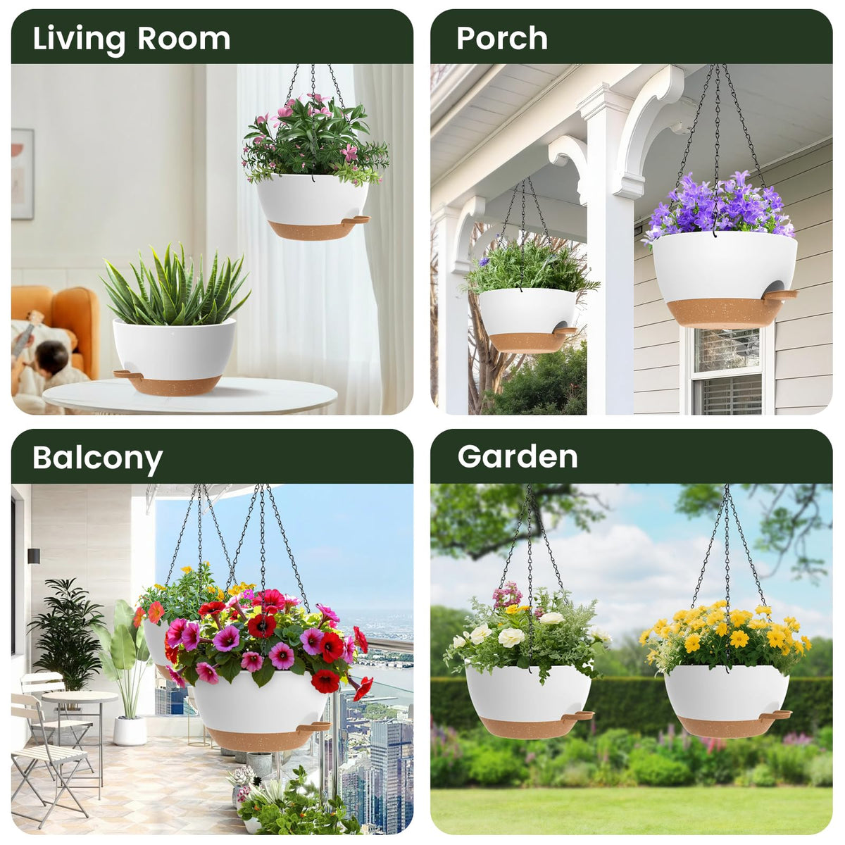 2 Pack 12 Hanging Flower Pots with Chains Self Watering Plastic Planters for Indoor Outdoor Plants, Sturdy Triangular Iron Chain Design for Garden PorchPlastic hanging flower pots (2, White-brown)