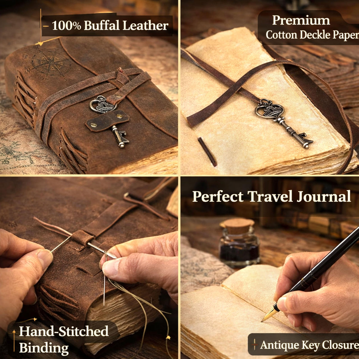 cuero Compass Vintage Leather Journal Antique Handmade Bound Journal with Deckle Edge Paper Diary Leather Sketchbook Drawing Journal Notebook Great Gift Men & Women (6X8 Inch)