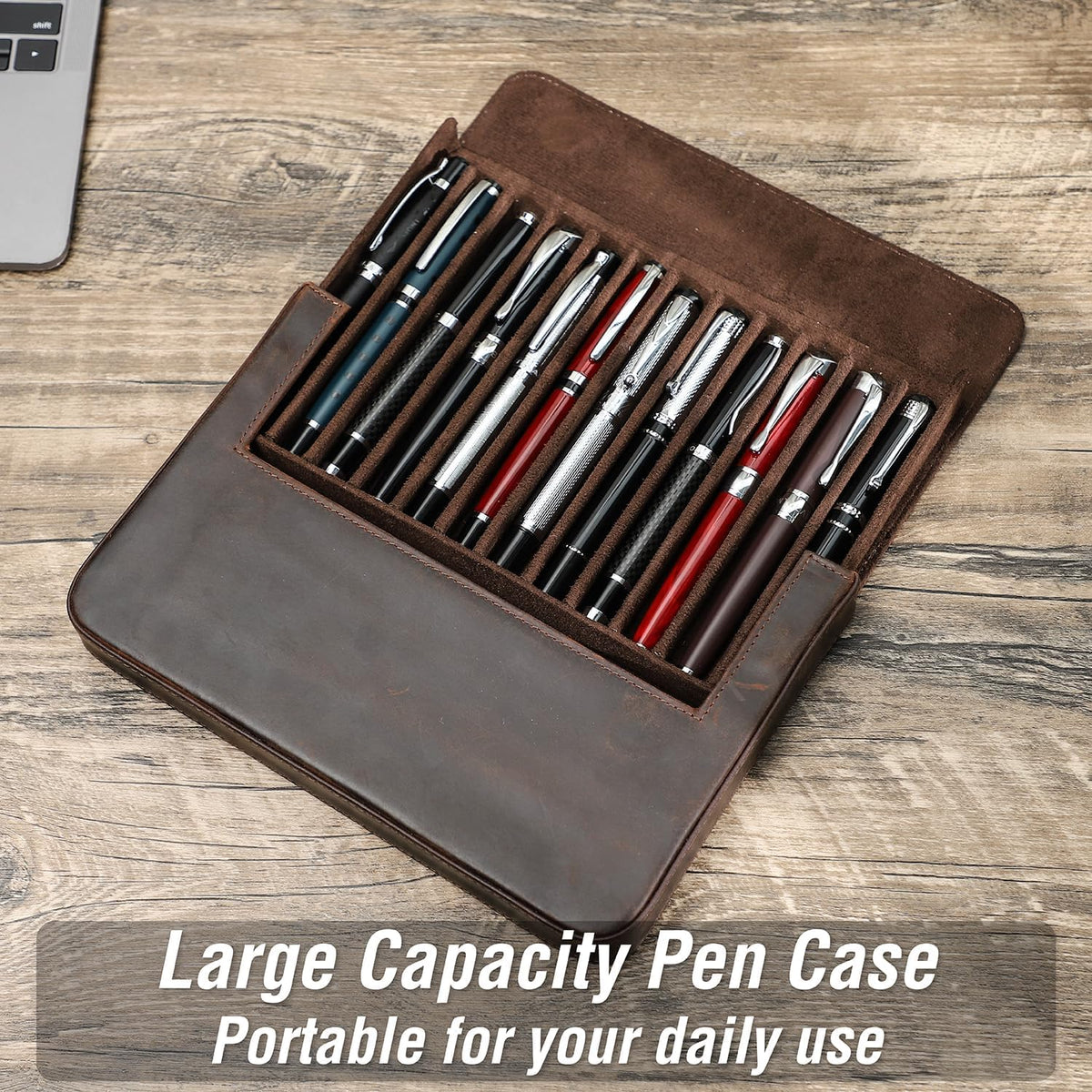 UPRESYE Leather Fountain Pen Case Collector Organizer, Pencil Case Handmade Pen Protective Sleeve (Magnetic 12 slots)
