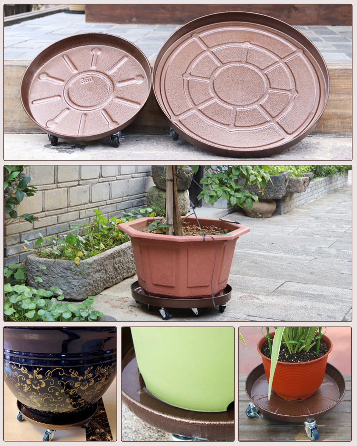 Tadpolebaby Heavy Duty Plant Caddy with Solid Rubber Wheels, Lockable, Increased Load Capacity, One-Minute Installation, Suitable for Indoor, Outdoor, Patio, Garden Settings, 16 Inches 3PACK, Brown