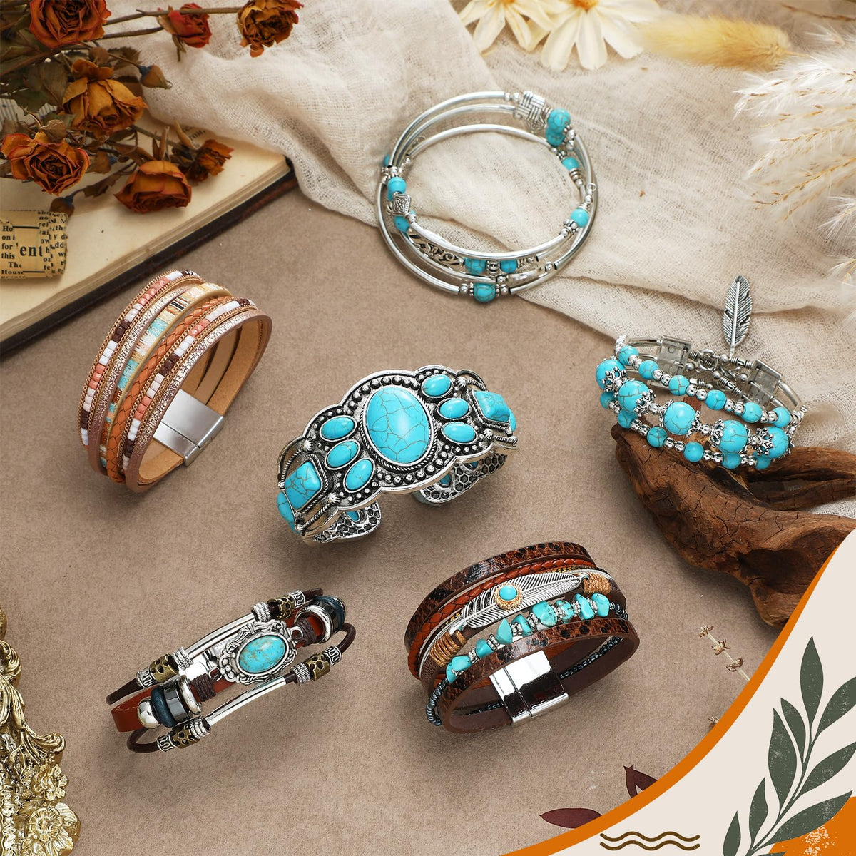 Sasylvia 6 Pcs Turquoise Bracelet for Women Leather Bracelet Western Jewelry for Women Multilayer Boho Cuff Bangle Set(Retro)