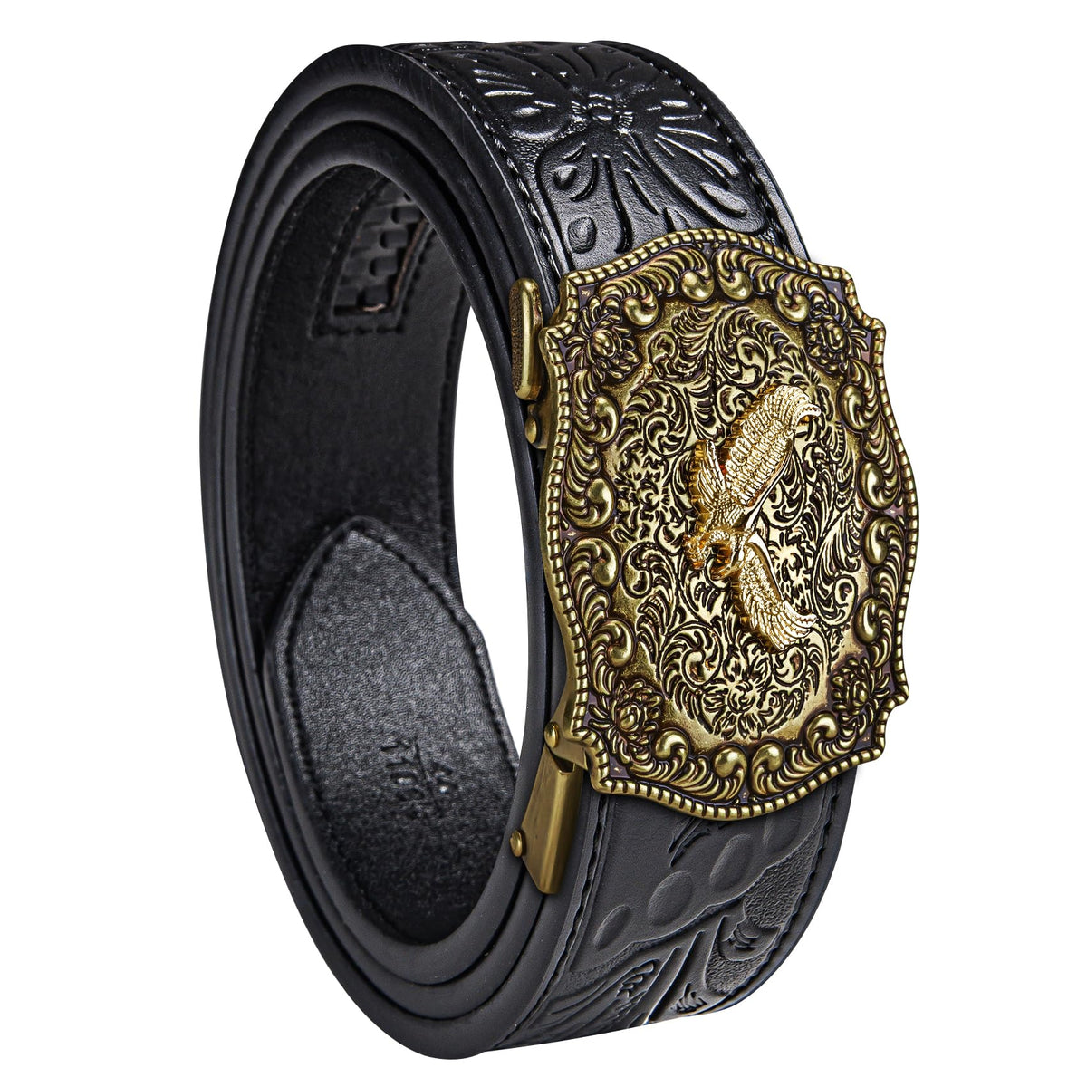 Dubulle Mens Western Belt Ratchet Belts Copper Eagle Automatic Buckle Black Genuine Leather Strap for Jeans Dress