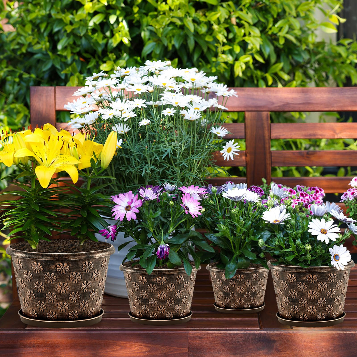 10 Inch Planter Pots for Plants, 4 Pack Plastic Large Flower Pots Indoor Outdoor, Resin Plant Pot with Drainage & Saucer, Retro Decorative Garden Pot with Removable Trays for House