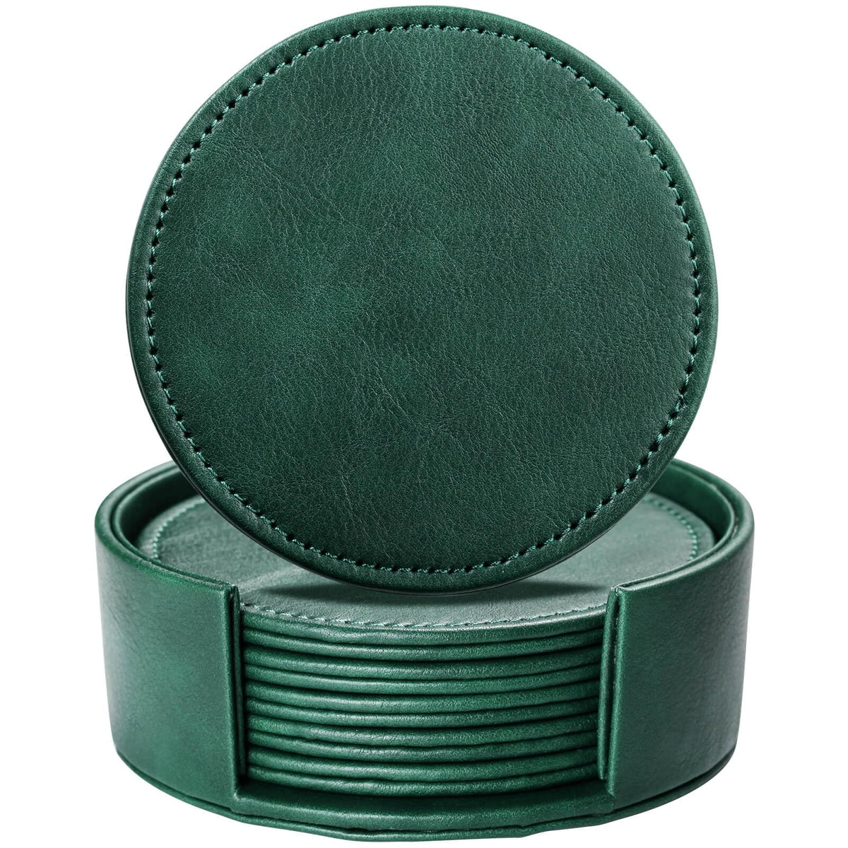 LAMOTI Leather Coasters for Drinks, 4" Drink Coasters Set of 6 with Holder for Tabletop Protection, Handmade Luxurious Home Décor and Housewarming Gift (Green)