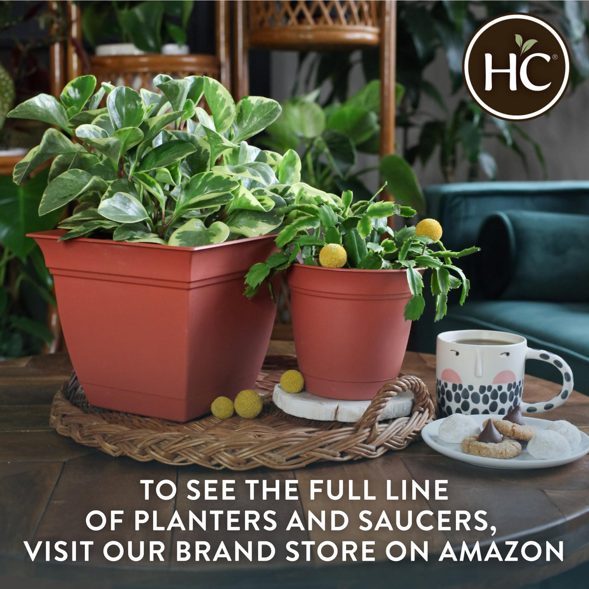 The HC Companies 6 Inch Eclipse Round Planter Pots with Drainage Holes & Attached Saucer, Lightweight UV-Resistant Plastic Indoor & Outdoor Planters, 4-Pack Flower Pots, Garden Home Decor, Cappuccino