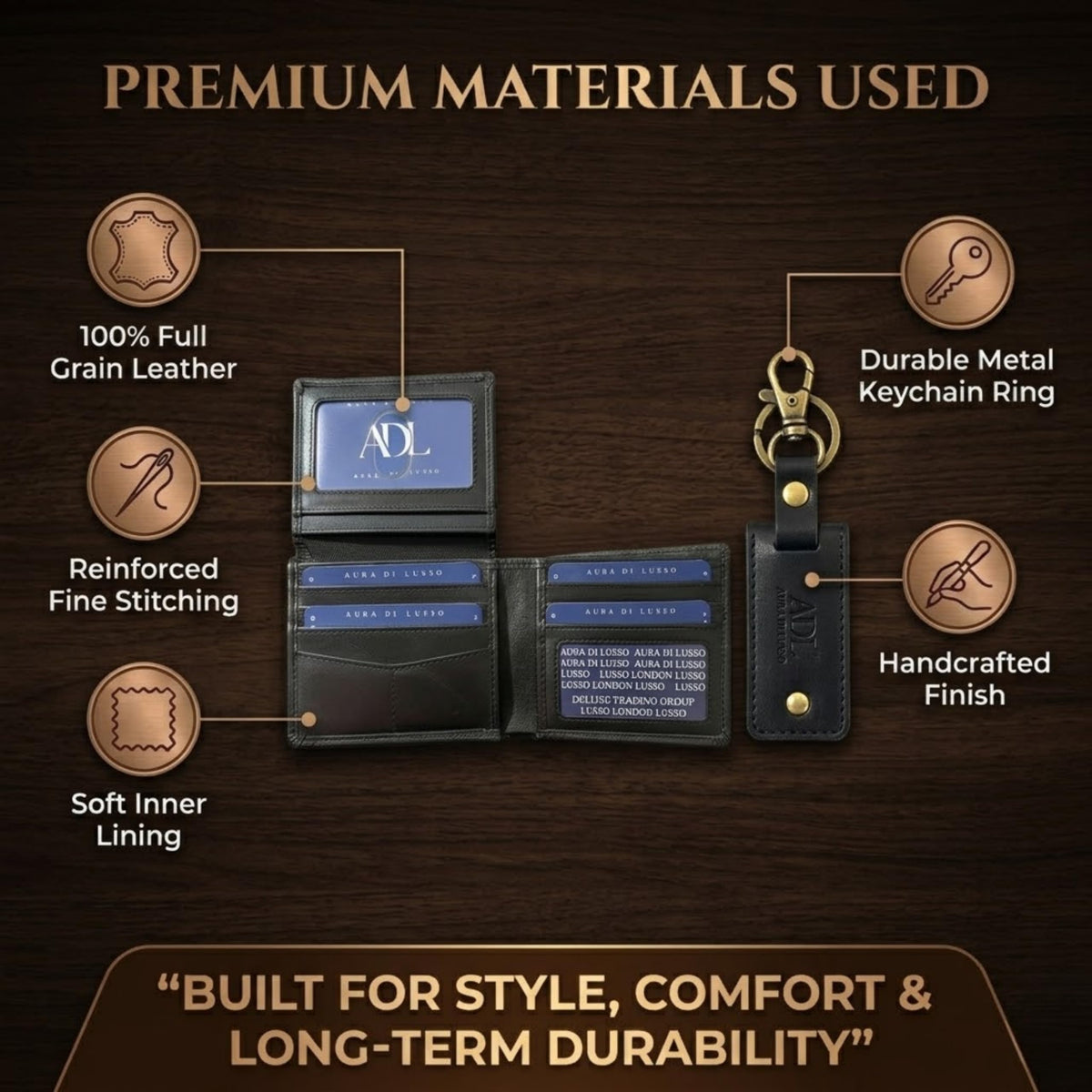 Aura Di Lusso Handmade Full Grain Premium Leather Wallet & Keychain Combo Set for Men | Stylish & Durable Gift Combo | Ideal for Everyday Use | Luxury Accessories for Men (Dark Brown)
