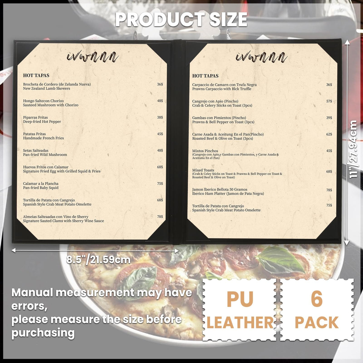 IVWNNN 8.5'' x 11'' Menu Covers 6 Pack Black PU Leather Menu Holders Book Style with Angled Corners Double View Menu Sleeves Easy-Insert Design Waterproof for Bar Cafe Restaurant Menu Covers