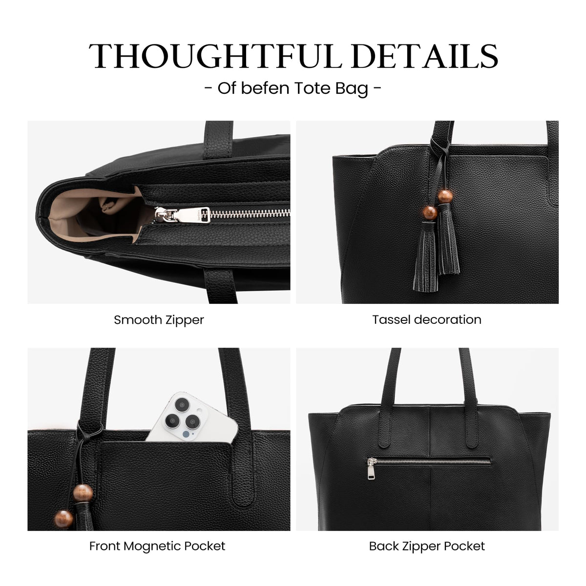 befen Genuine Leather Tote Bag for Women Work, Womens Tote Bag, Casual Leather Large Purses Black Leather Shoulder Bag with Compartments for Shopping Office Travel Daily Use