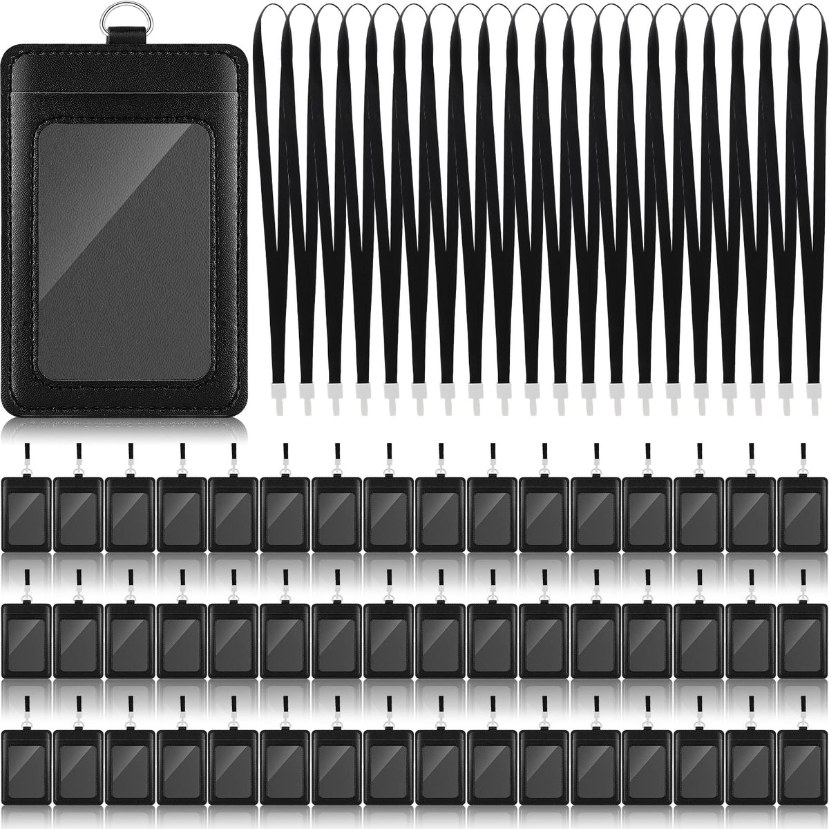 Ireer 48 Pcs ID Badge Holder with Lanyard, PU Leather Card Holder Vertical with Clear ID Access Card Window, Slot for Office Work, School Student, Black