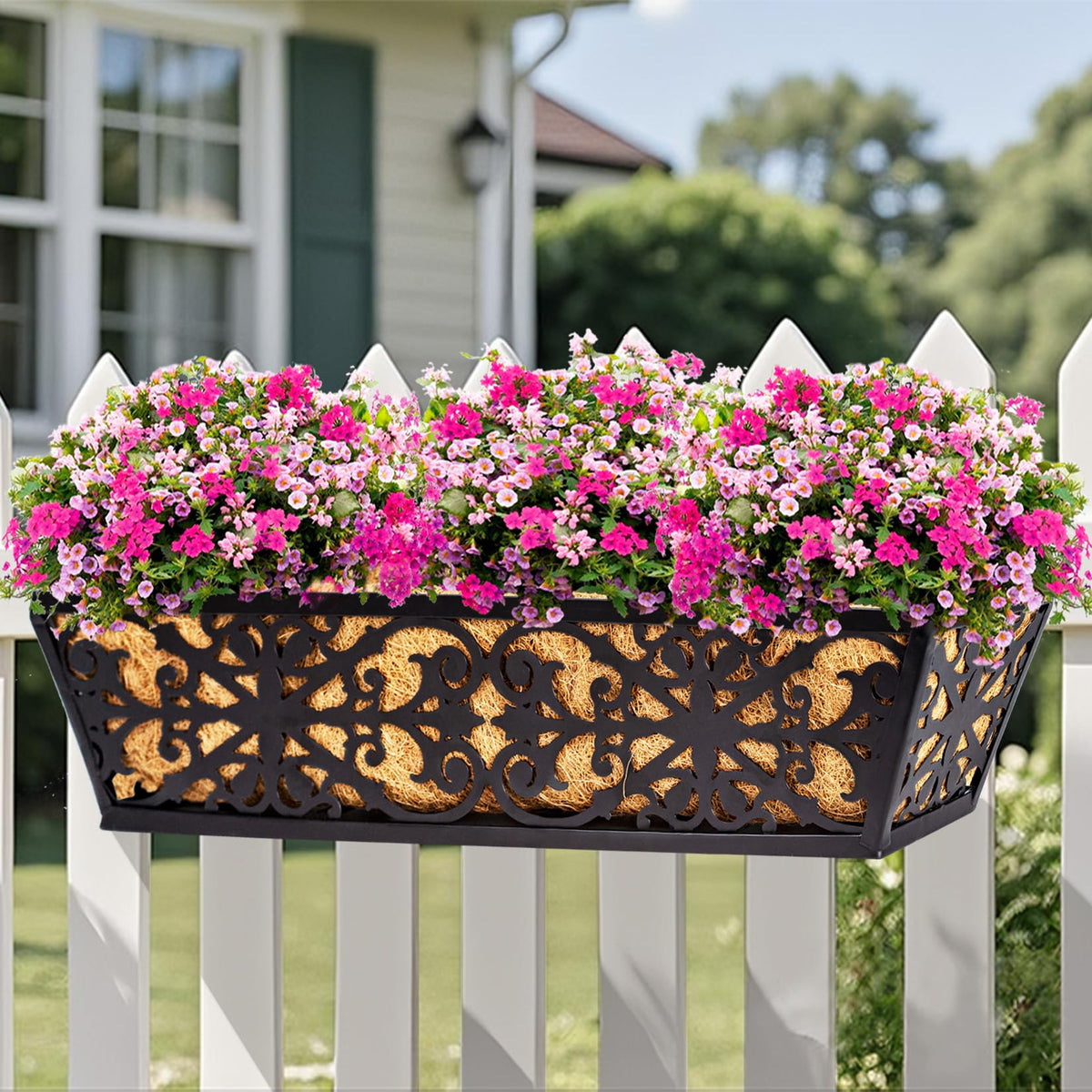 Karlliu 2 Pack 24 Inch Window Boxes Planters Railing Planter Box with Adjustable Brackets & Coco Liners Fabric Plant Grow Bags Deck Railing Planter Boxes Balcony Hanging Flower Box for Outdoor Plants