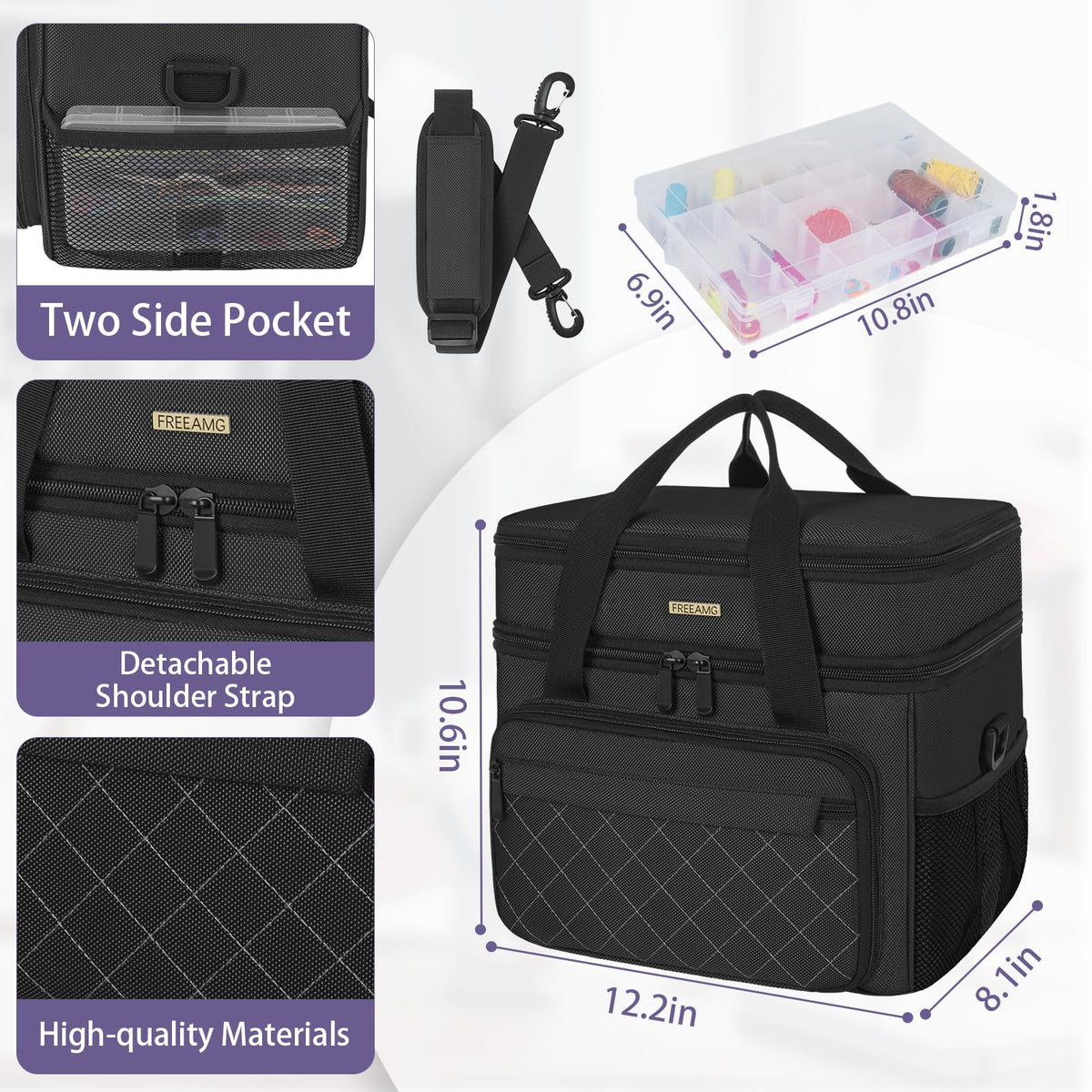 FREEAMG Double Layer Sewing Storage Bag, Large Capacity Sewing Accessories Organizer Travel Sewing Case with Shoulder Strap & Clear Organizer Box (No Tools Included)