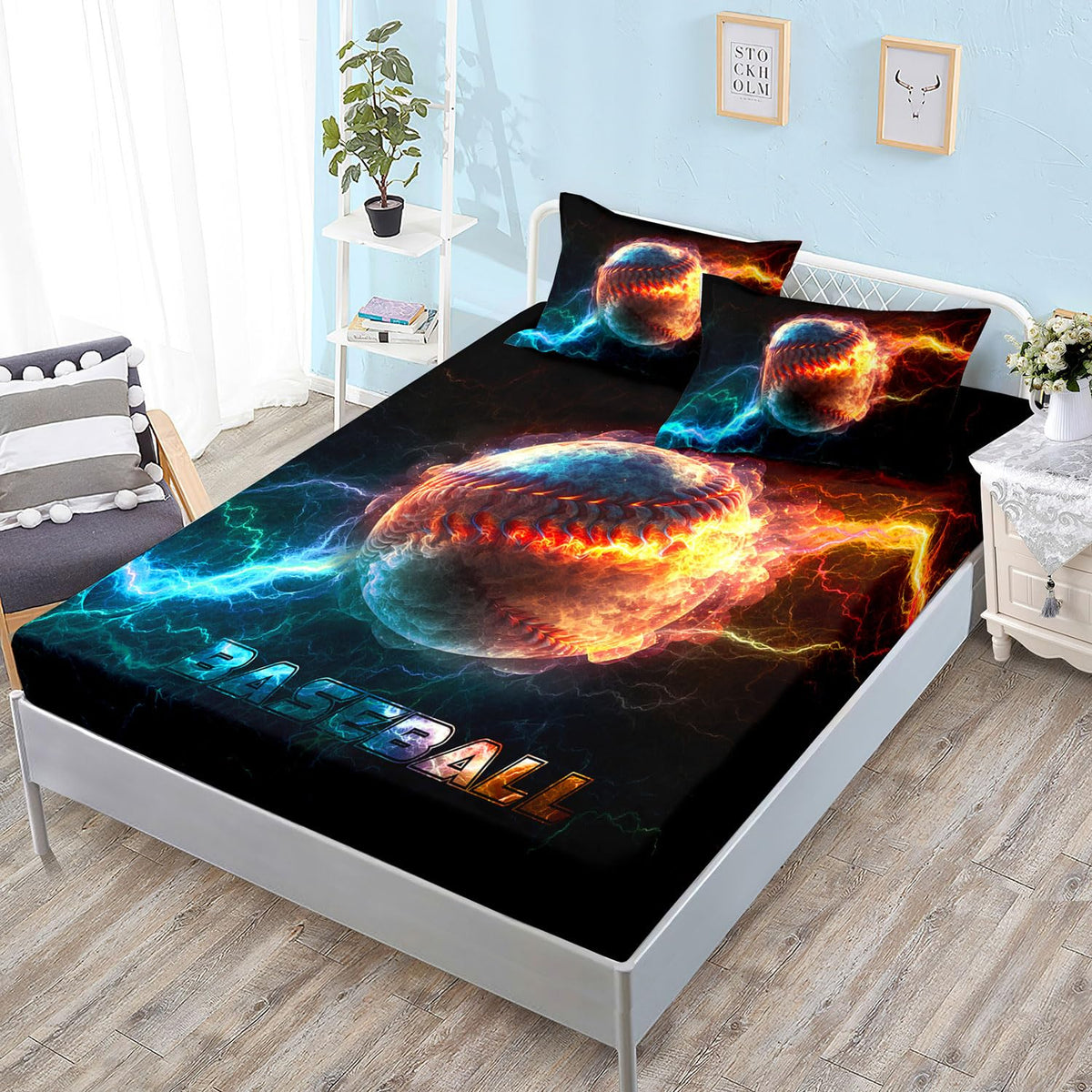 HOSIMA Baseball Fitted Sheet for Boys Girls Teens,Flame Lightning Twin Bedding Sets Sports Themed Bedroom Decor,Soft Microfiber Black Fitted Sheet with 2 Pillowcases.