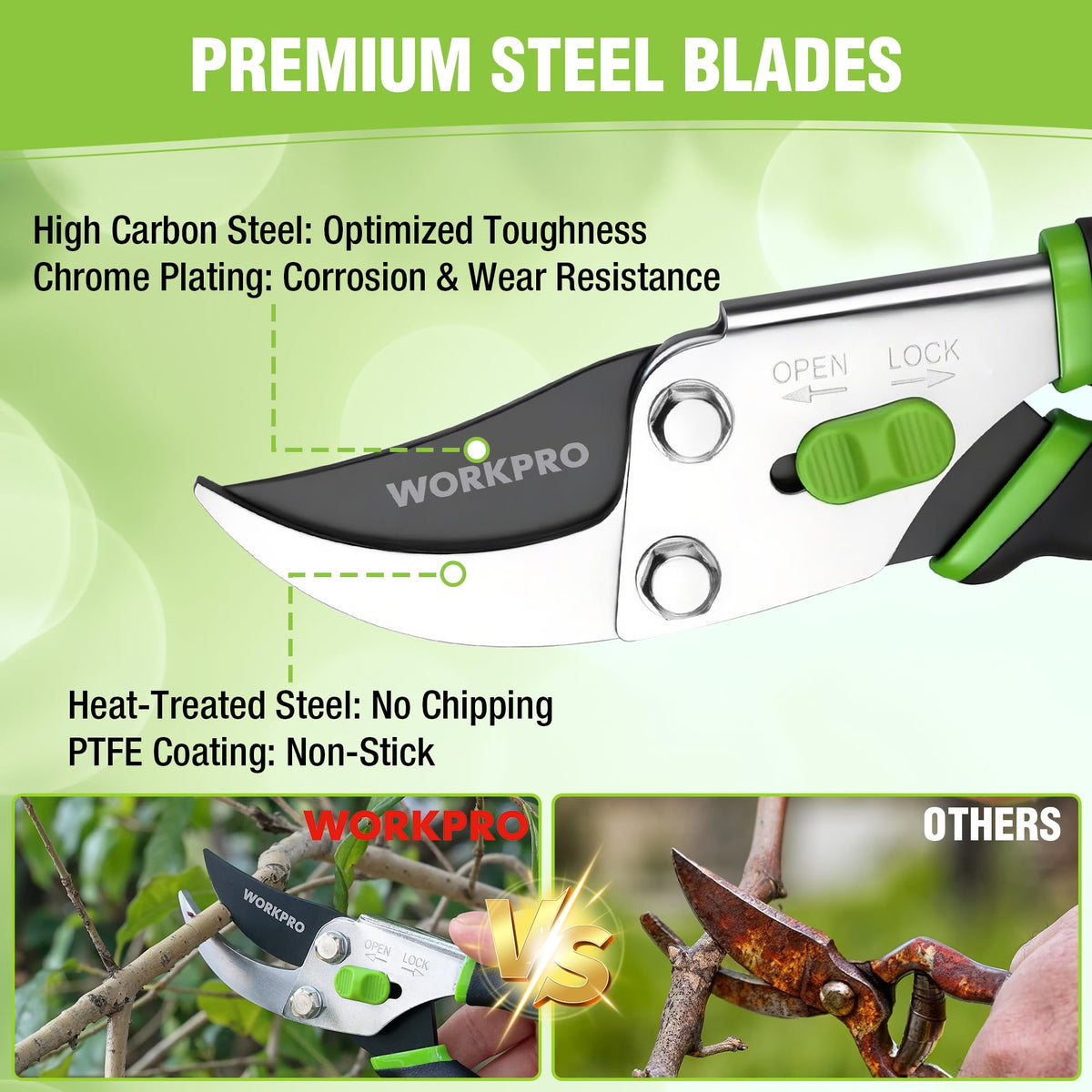 WORKPRO Bypass Pruning Shears, 8.5" Hand Pruner with Non-Slip Grip Handle, Garden Clippers with High Carbon Steel for Branches, Flowers, Fruits, Plants, Bonsai, Gardening Gifts for Women Men
