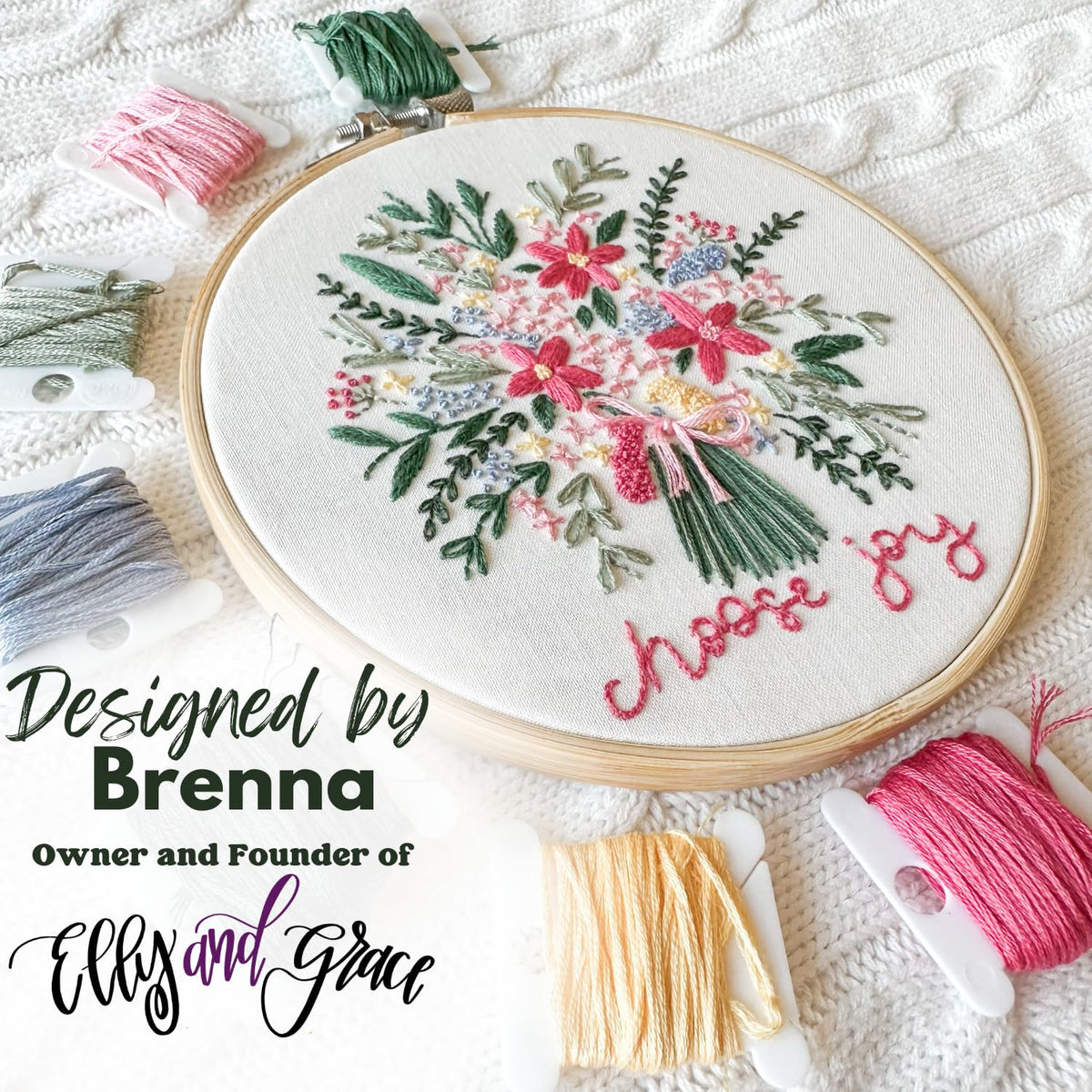 Elly & Grace Christian Embroidery Kit with Embroidery Hoop, Easy Embroidery Kit for Beginners and Adults, Full Embroidery Hoop Kit with Needles and Thread Included (Choose Joy)