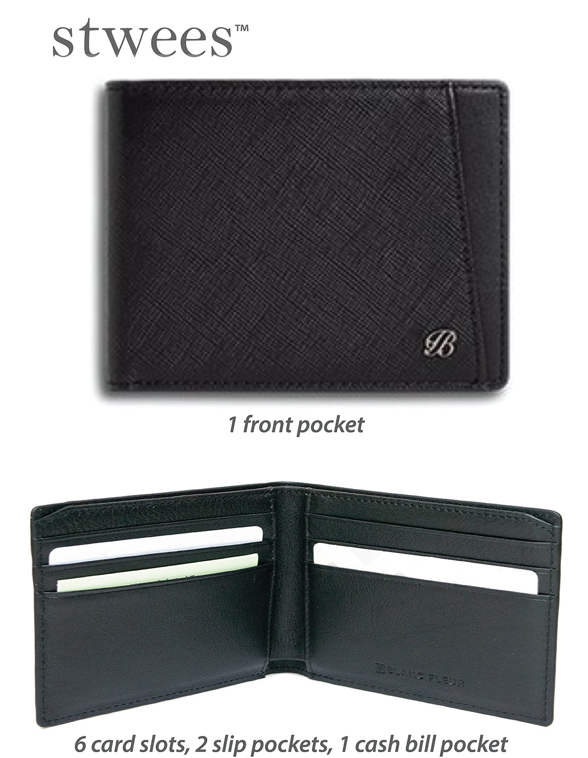 Maskfactory stwees bifold leather wallets - Ultra slim, RFID, Front pocket, slim, ID window (Pocket style B, Black)