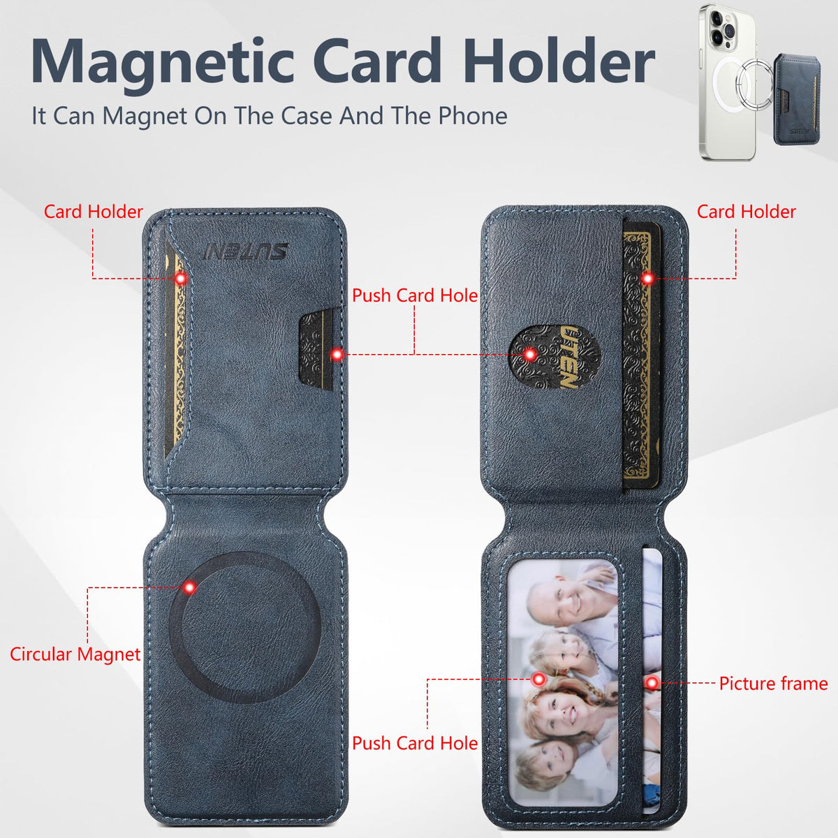 HXY Magnetic Card Holder Wallet for iPhone, Compatible with MagSafe, PU Leather Minimalist Slim Card Holders Fit 3 Cards with Adjustable Stand for iPhone 16/15/14/13/12 Series, Not for Mini (Blue)