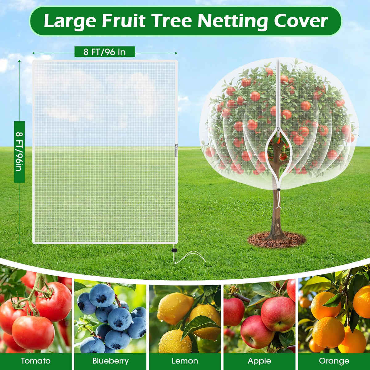 8'x8' Fruit Tree Netting Cover with Zipper and Drawstring, Ultra-Fine Mesh Garden Plant Insect Pest Net Barrier Protection Covers to Prevent Squirrel Bird Deer Cicadas Bag for Blueberry Tomato-1Pcs