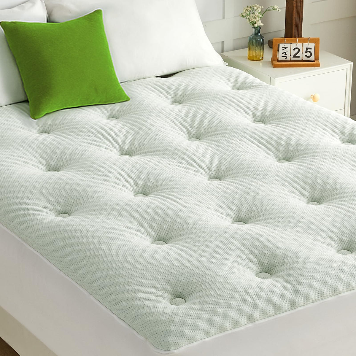 QUIETSEA Reversible Queen Mattress Topper Egg Crate Memory Foam Mattress Topper, Bamboo Viscose Mattress Pad Queen, Noiseless Waterproof Mattress Cover with Deep Pocket Stretches up to 21", 60" x 80"