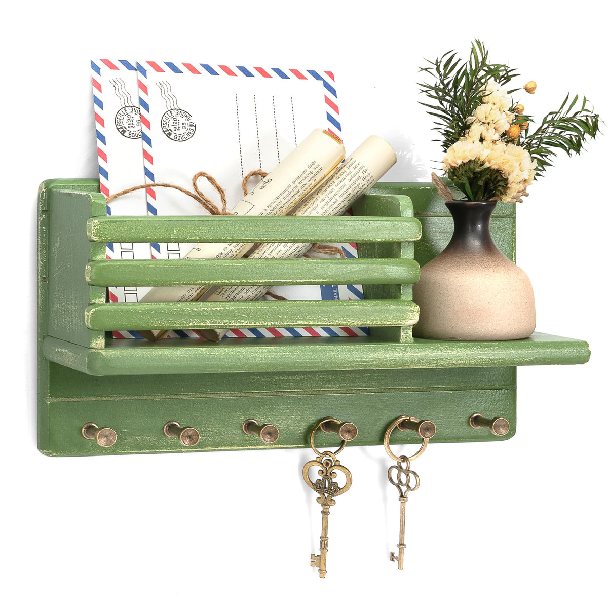 Rebee Vision Pine Wood Key Holder Wall Mount for Room Decor– 6 Hooks for Umbrella & Hats - Wooden Key Holder for Wall with Mail Slot Can Store Letters and Postcard (Green)