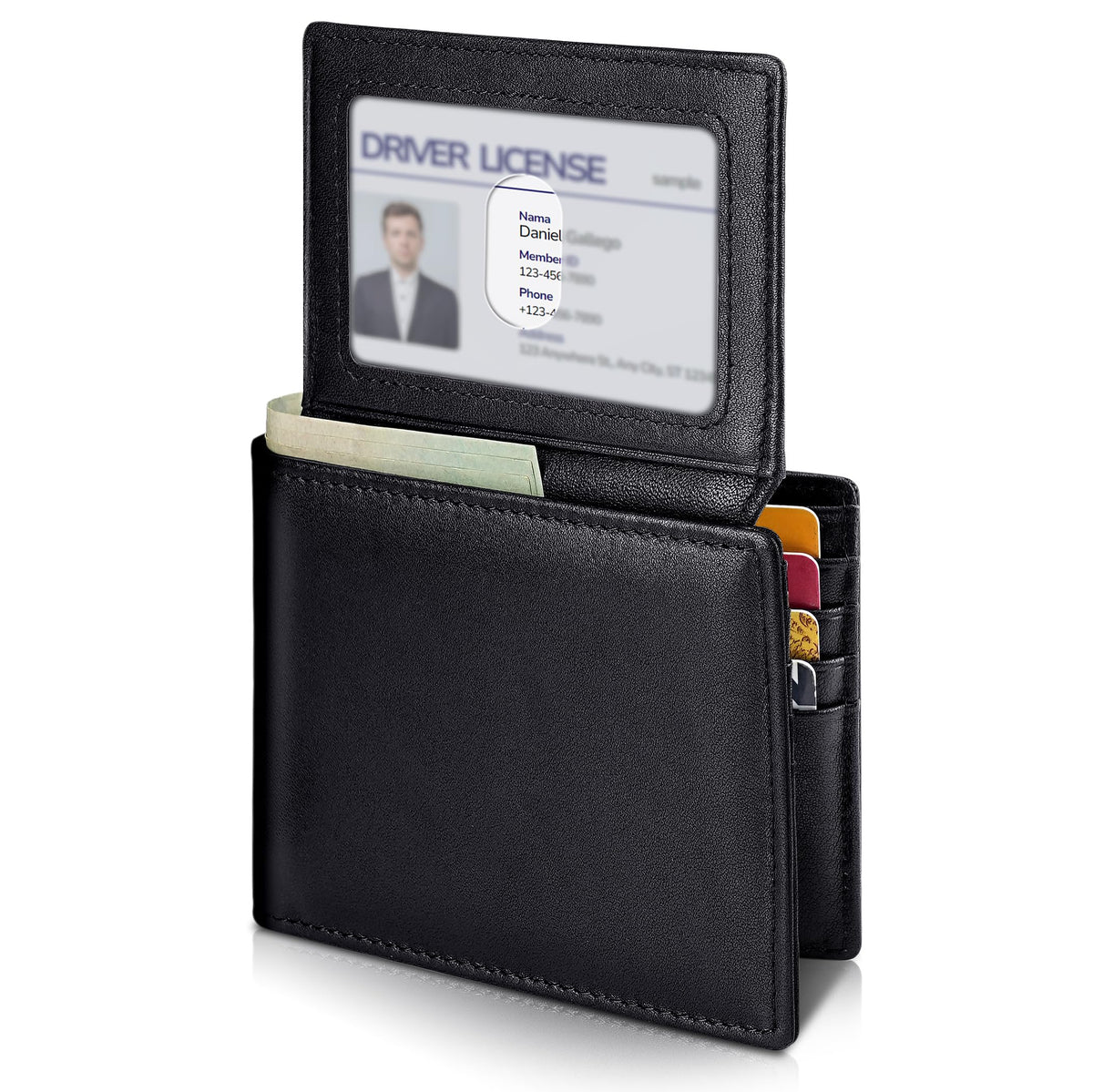Plinvo Men's Genuine Leather Bifold Wallet RFID Blocking with 2 ID Windows 11 Card Slots 2 Cash Pockets & Gift Box (Black)