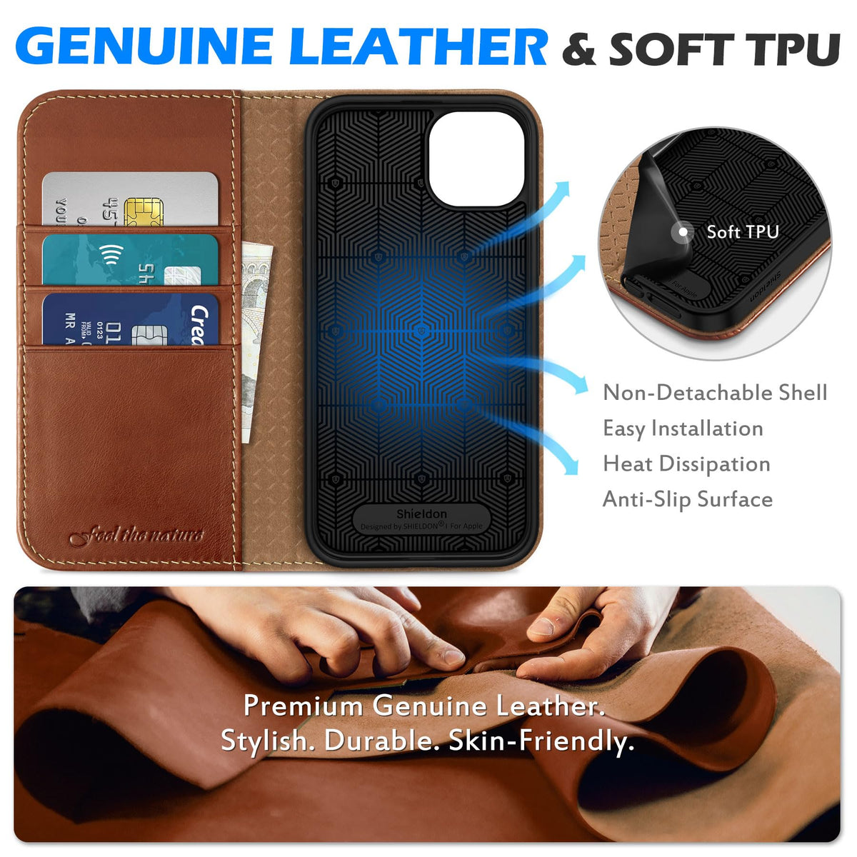 SHIELDON Case for iPhone 15 Plus 5G, Genuine Leather Wallet Magnetic Cover Kickstand RFID Blocking Credit Card Holder Shockproof Case Compatible with iPhone 15 Plus 6.7" 2023 - Retro Brown