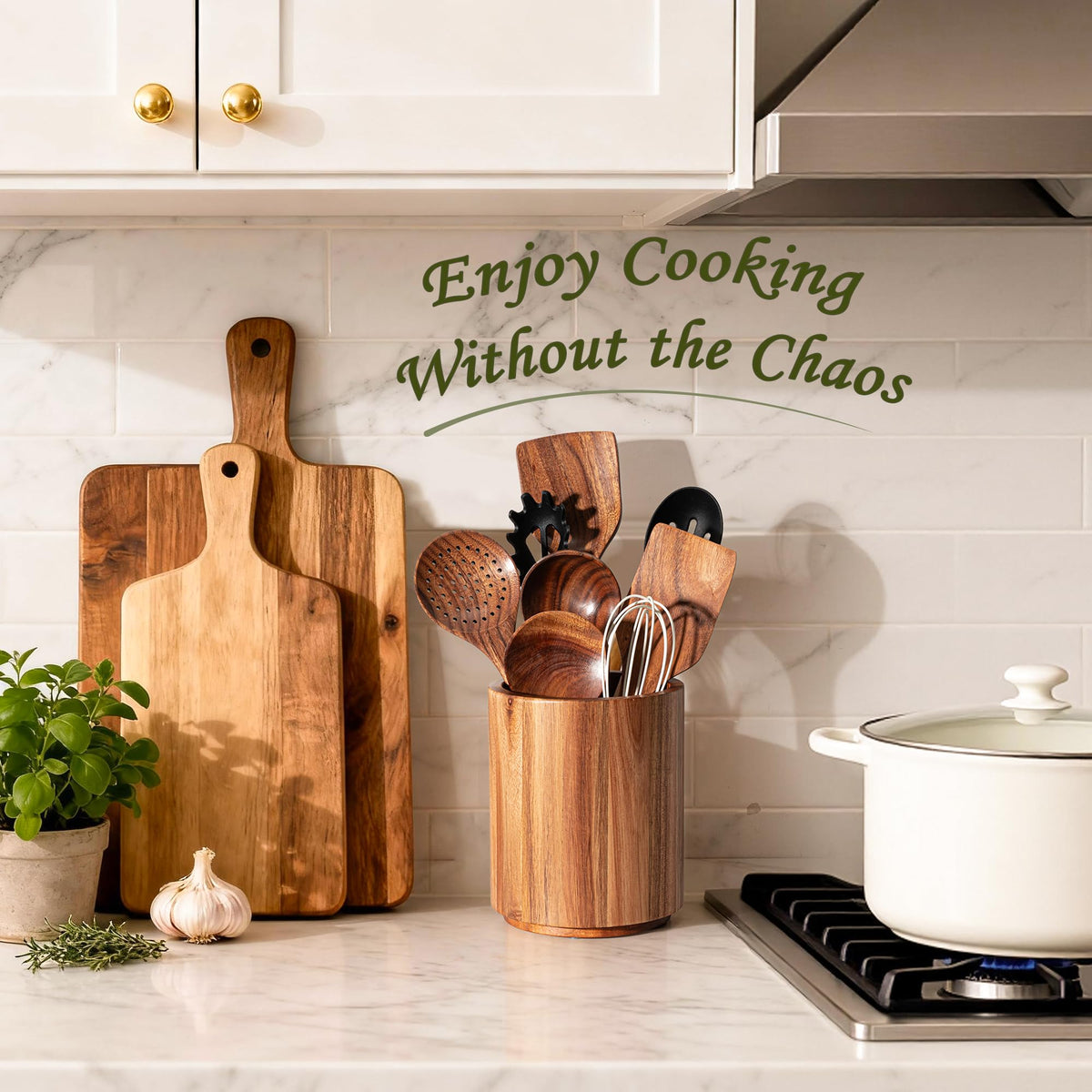 Criusia Utensil Holder 2 Pack, 360° Rotating Acacia Wood Cooking Utensil Crocks for Kitchen Counter, Farmhouse & Modern Decor, (1 Large,1 Small)