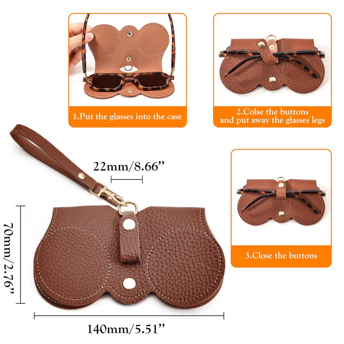 FEISEDY 2Pack Soft Leather Sunglass Bag, Holder Eyeglasses Case, Portable Glasses Pouch With Button Clip Wrist Strap B0049