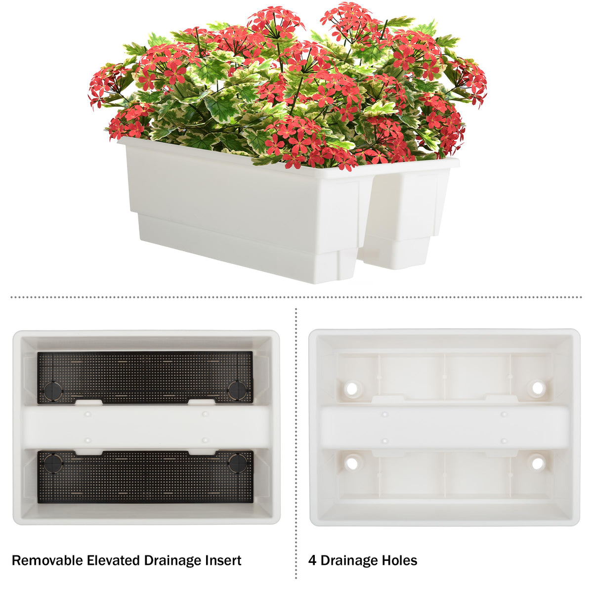 Railing Planter Box 2-Pack - 20.75-Inch Flower Boxes with Removable Drainage Inserts - 6-Gallon Outdoor Planters for Porch, Deck, or Balcony Decor, Fits Rail 3” - 4” by Pure Garden (White)