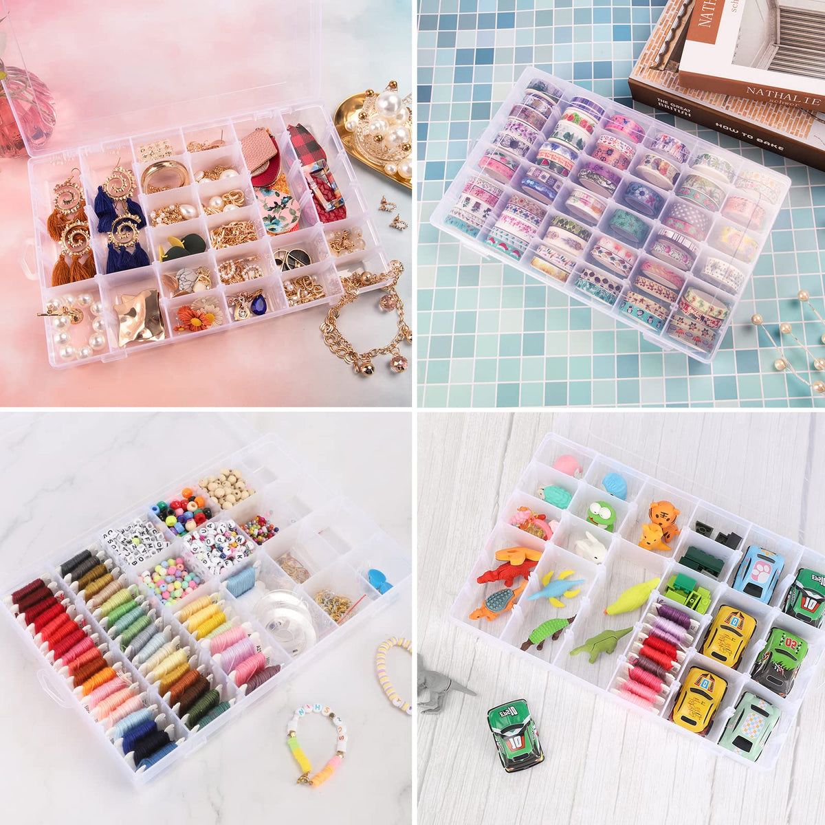 2 Pack Clear Bead Organizer Tackle Box with Adjustable Dividers for Jewelry Art Craft Containers 36 Grids Compartment with 5 Sheets Label Stickers