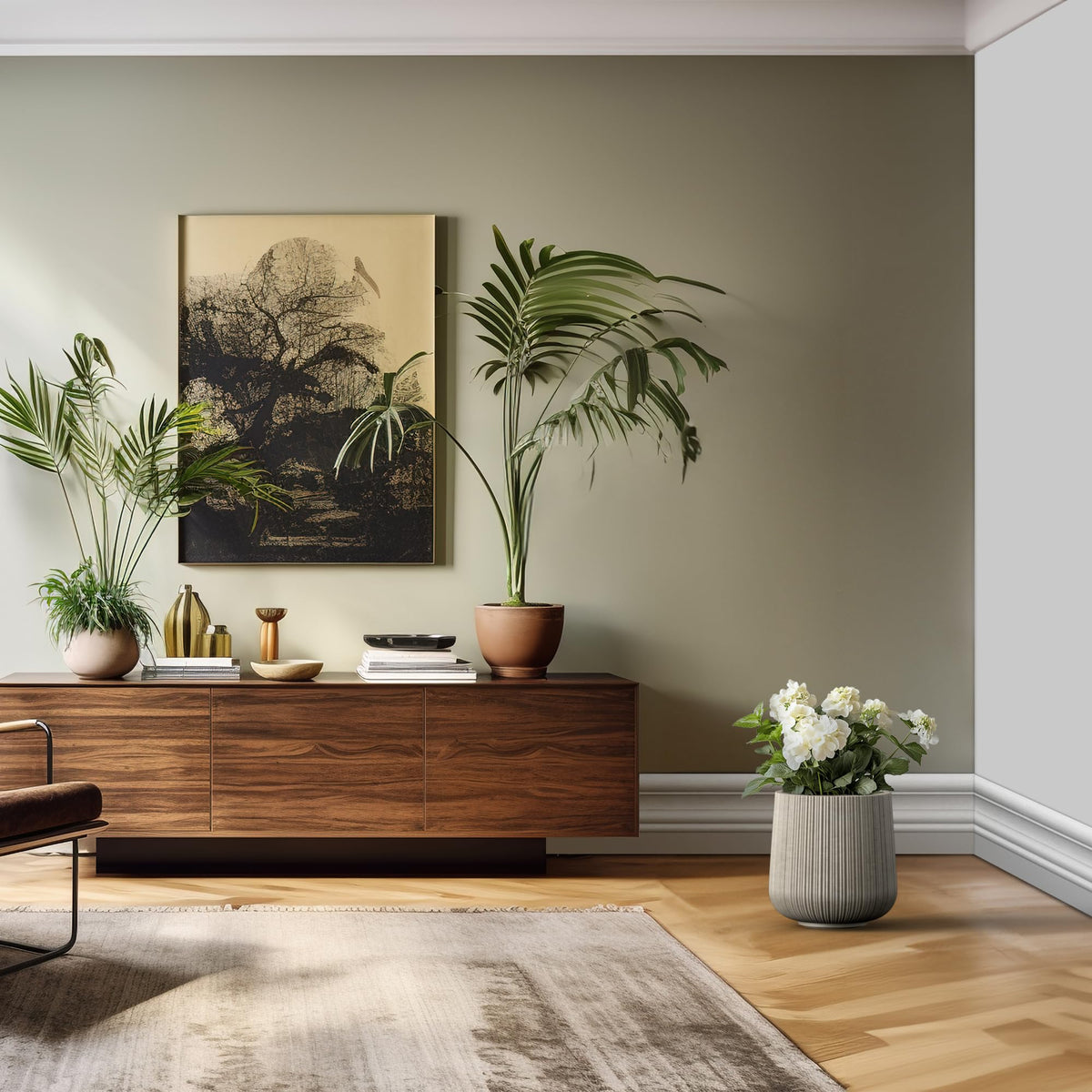 Kante 13.0" Dia Round Fluted Concrete Planter, Large Plant Pot with Drainage, Smooth Weathered Concrete Finish with Painted Interior, for Indoor and Outdoor Use